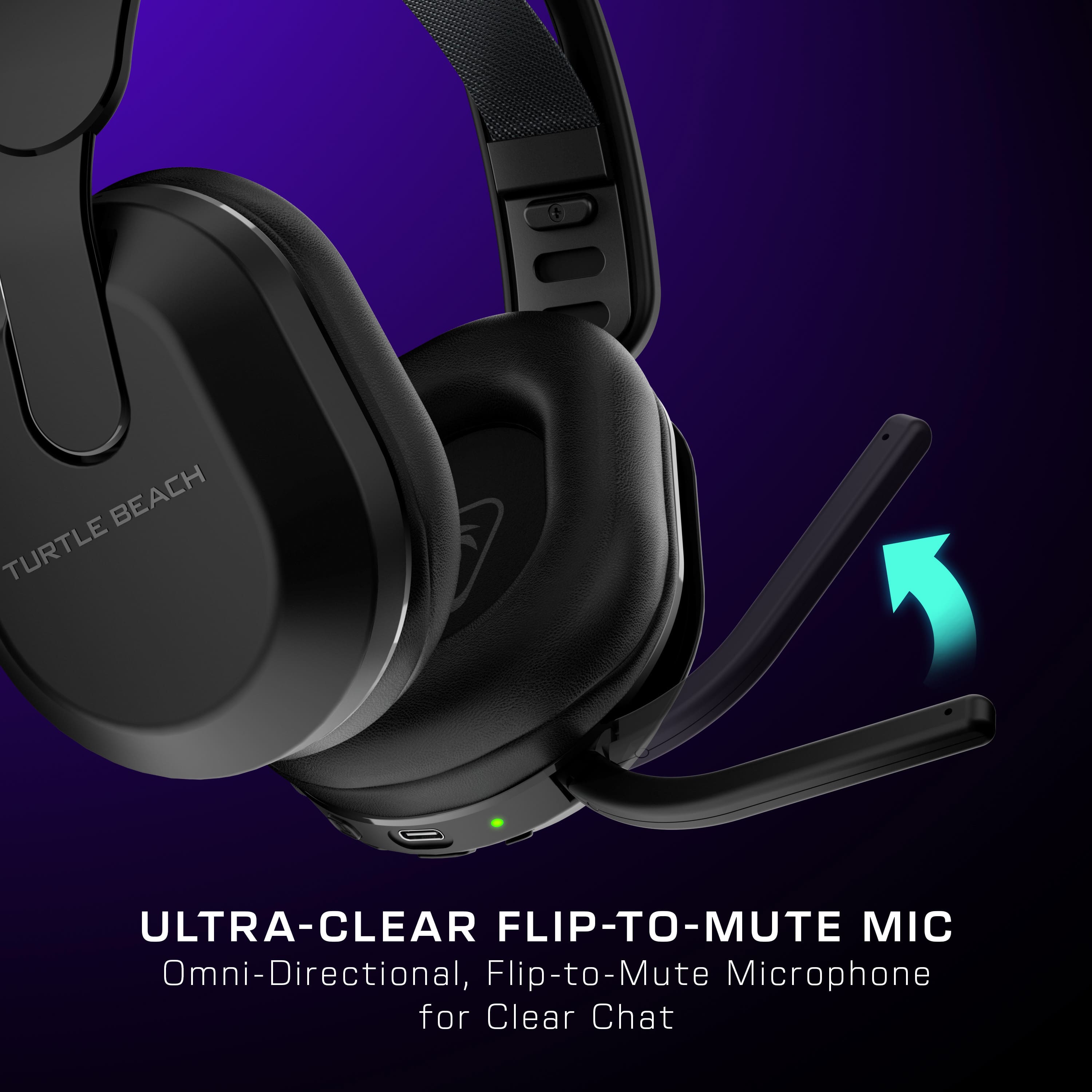 The image features a pair of black headphones with a microphone attached. The headphones are advertised as having an ultra-clear flip-to-mute mic, which is designed to provide clear communication during chats. The headphones are described as having an omni-directional, flip-to-mute microphone, which allows for clear and precise audio input. The headphones are likely intended for use in various settings, such as gaming, video conferencing, or other online communication platforms.