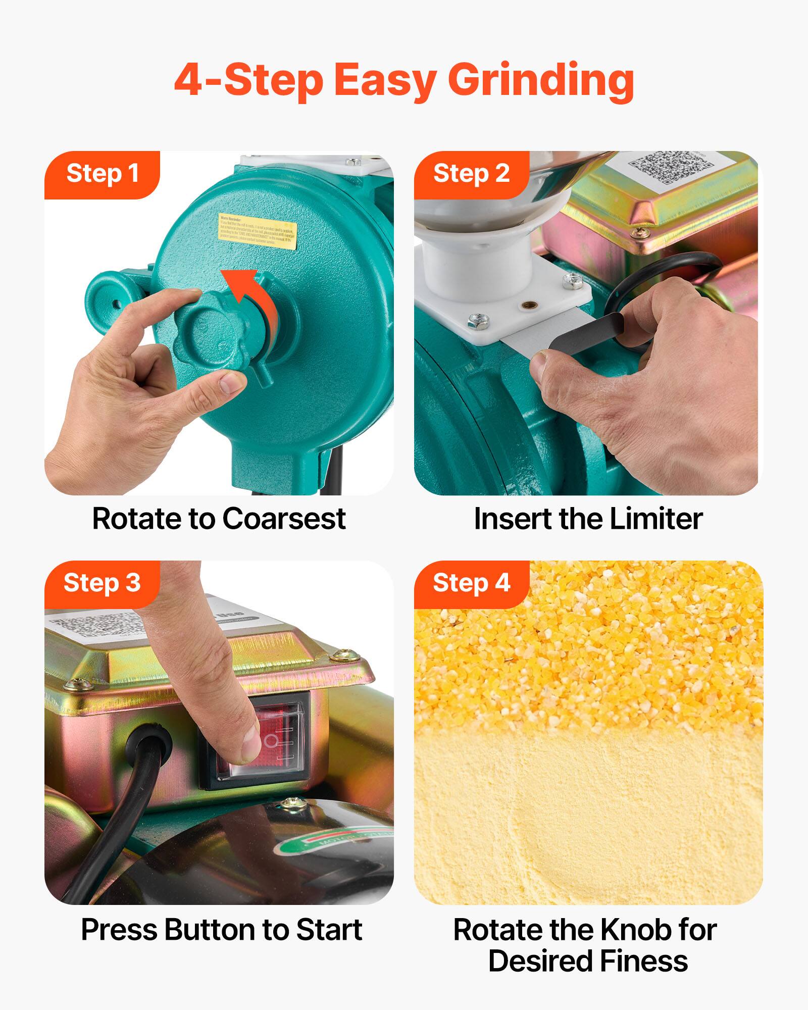 4-Step Easy Grinding

Step 1
Rotate to Coarsest

Step 2
Insert the Limiter

Step 3
Press Button to Start

Step 4
Rotate the Knob for Desired Fineness