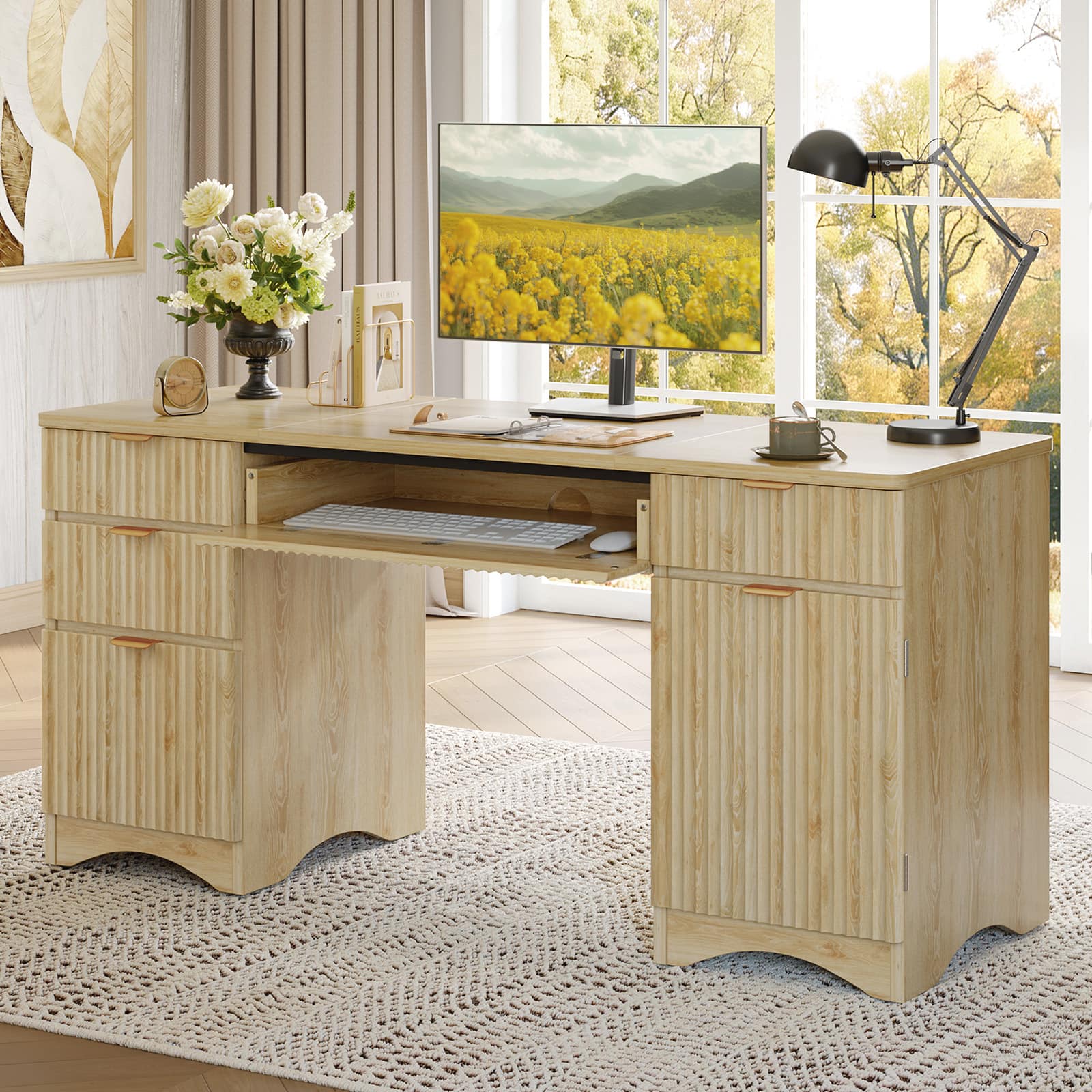 Bestier - 63" Executive Desk with Ergonomic Keyboard Tray, 4 Drawers and Magnetic Lock Cabinet - Natual Oak