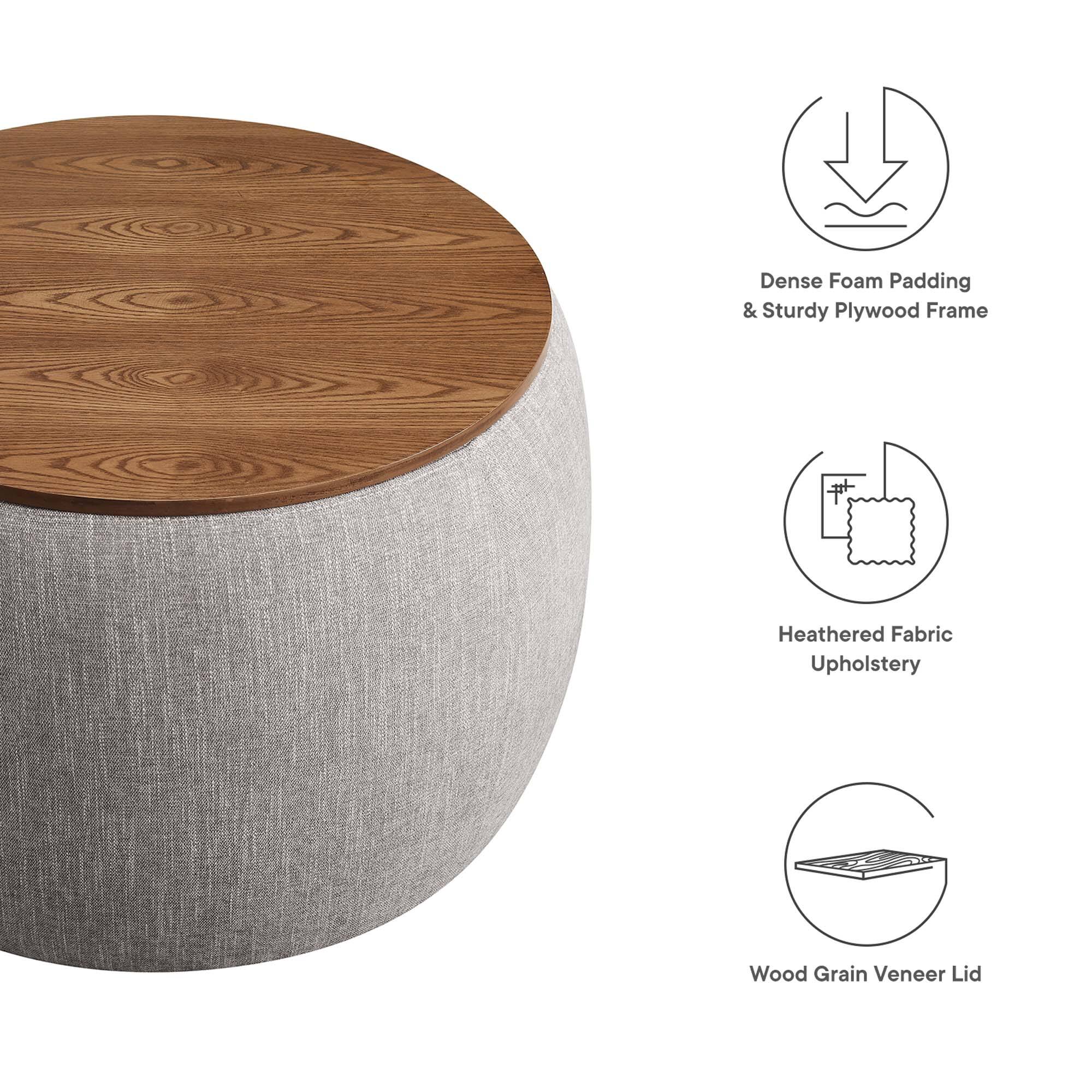 - Dense Foam Padding & Sturdy Plywood Frame
- Heathered Fabric Upholstery
- Wood Grain Veneer Lid