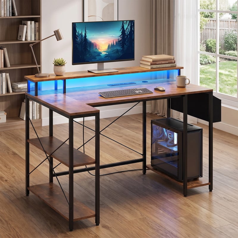 "WELLFOR - 48"" Computer Desk with LED Lights and Power Outlets, L Shape Desk Gaming Desk with Open Shelf for Home Office - Rustic Brown" price history on PriceWatchPro