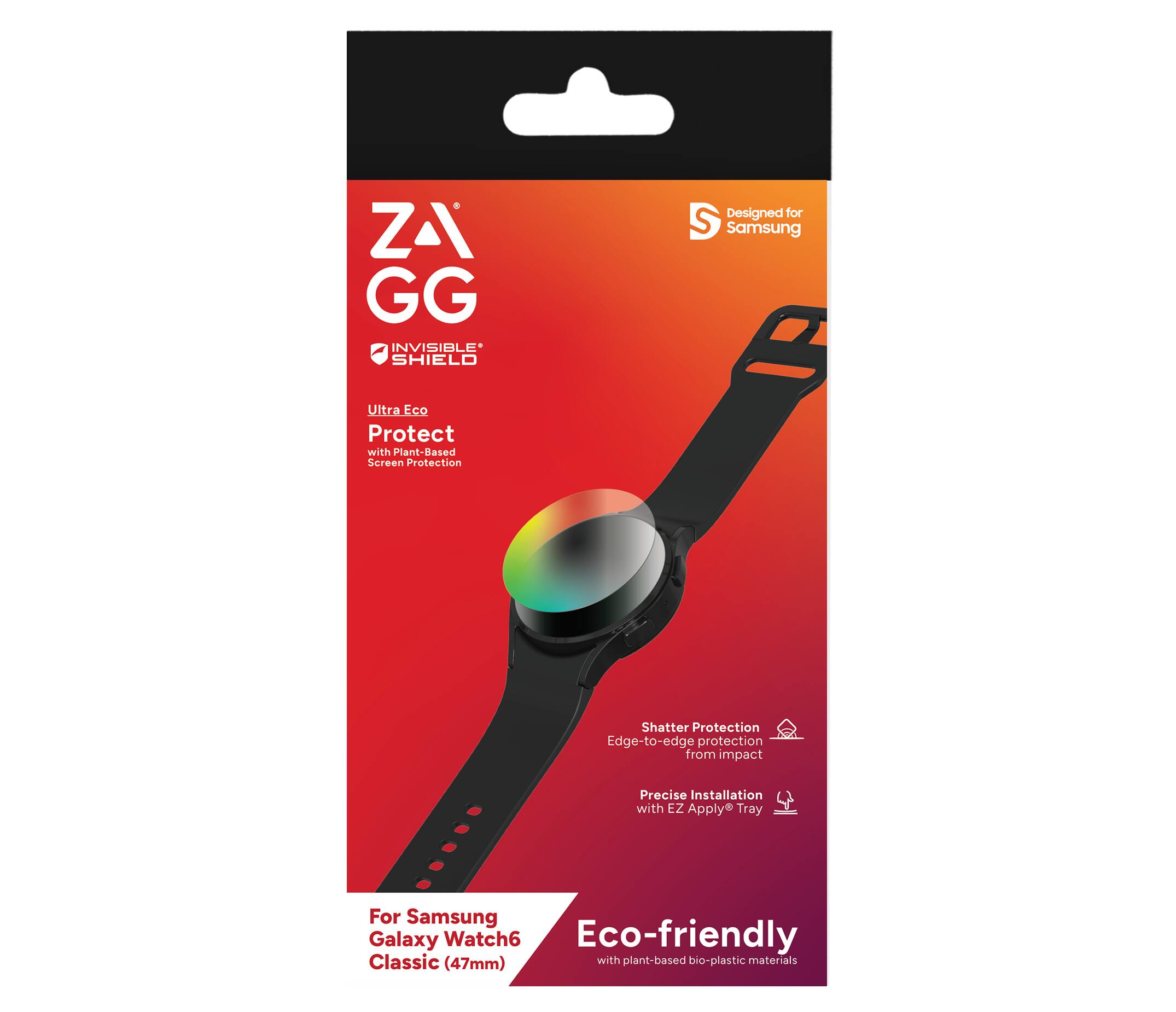 ZAGG Invisible Shield  
Ultra Eco Protect  
Designed for Samsung  
For Samsung Galaxy Watch6 Classic (47mm)  

Features:  
- Plant-Based Screen Protection  
- Shatter Protection  
- Edge-to-edge protection from impact  
- Precise Installation with EZ Apply Tray  
- Eco-friendly with plant-based bio-plastic materials