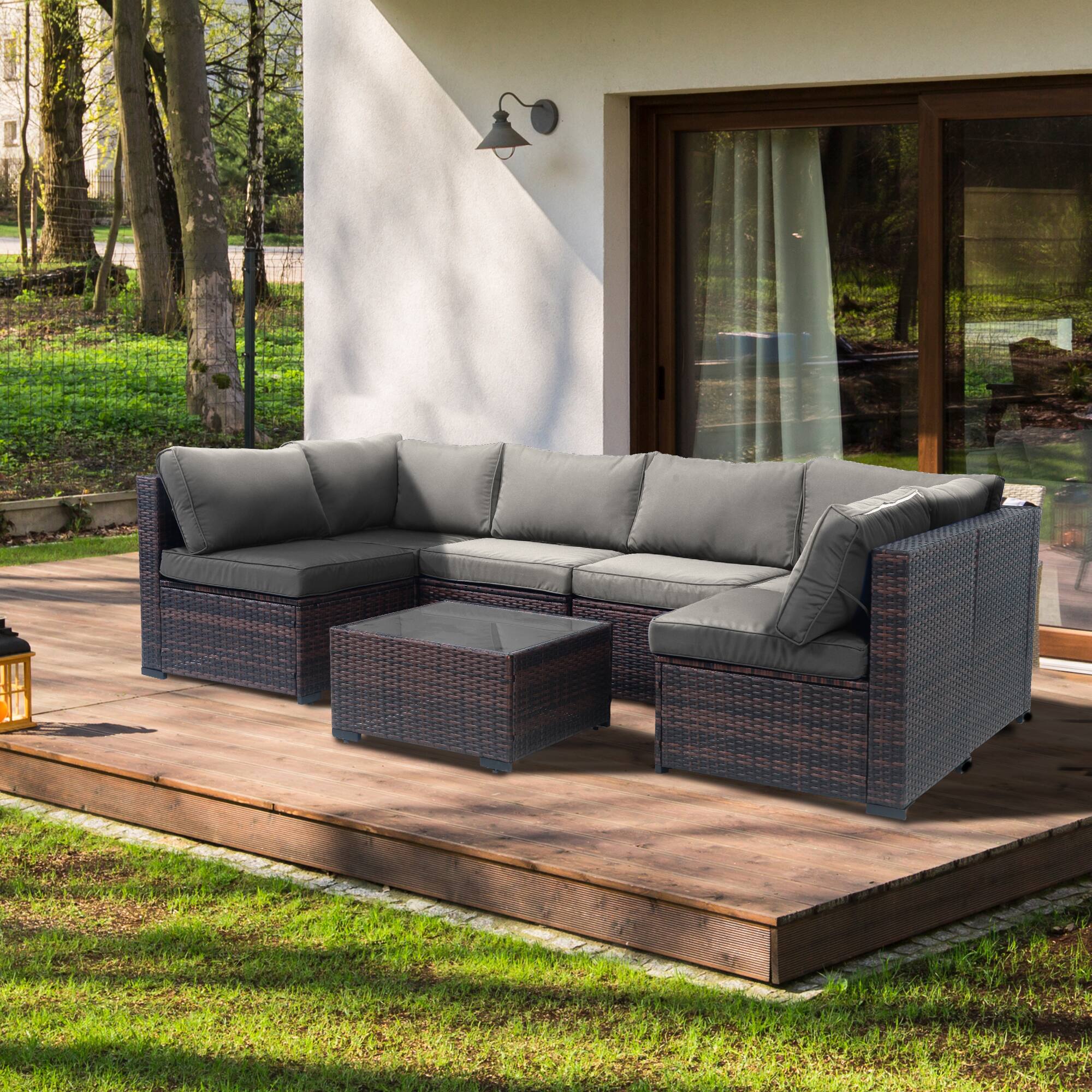 Angle. Yardgrace - 7-Piece Wicker Outdoor Furniture Conversation Set with Thick Cushions and Coffee Table - Grey.