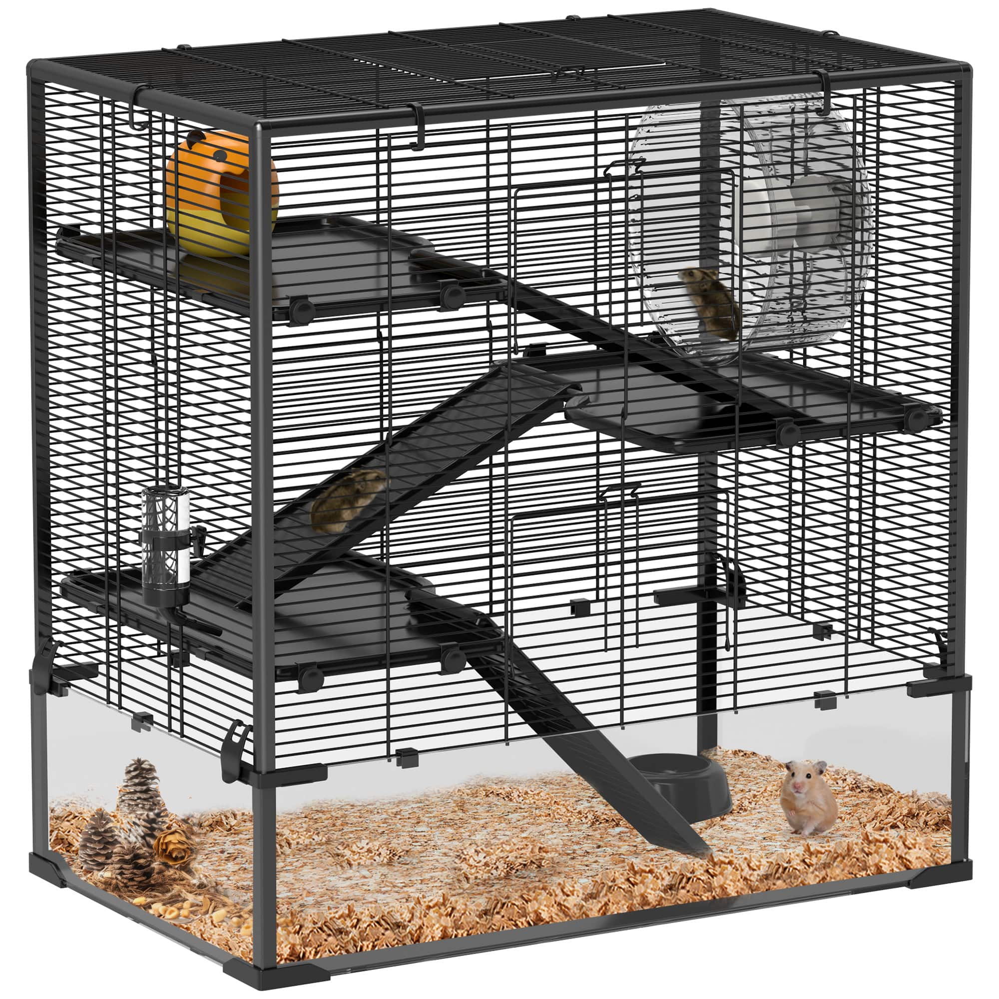 Pawhut - Large Hamster Cage with Deep Tempered Glass Bottom, Running Wheel, Hut, Water Bottle, Dish, Rat Cage