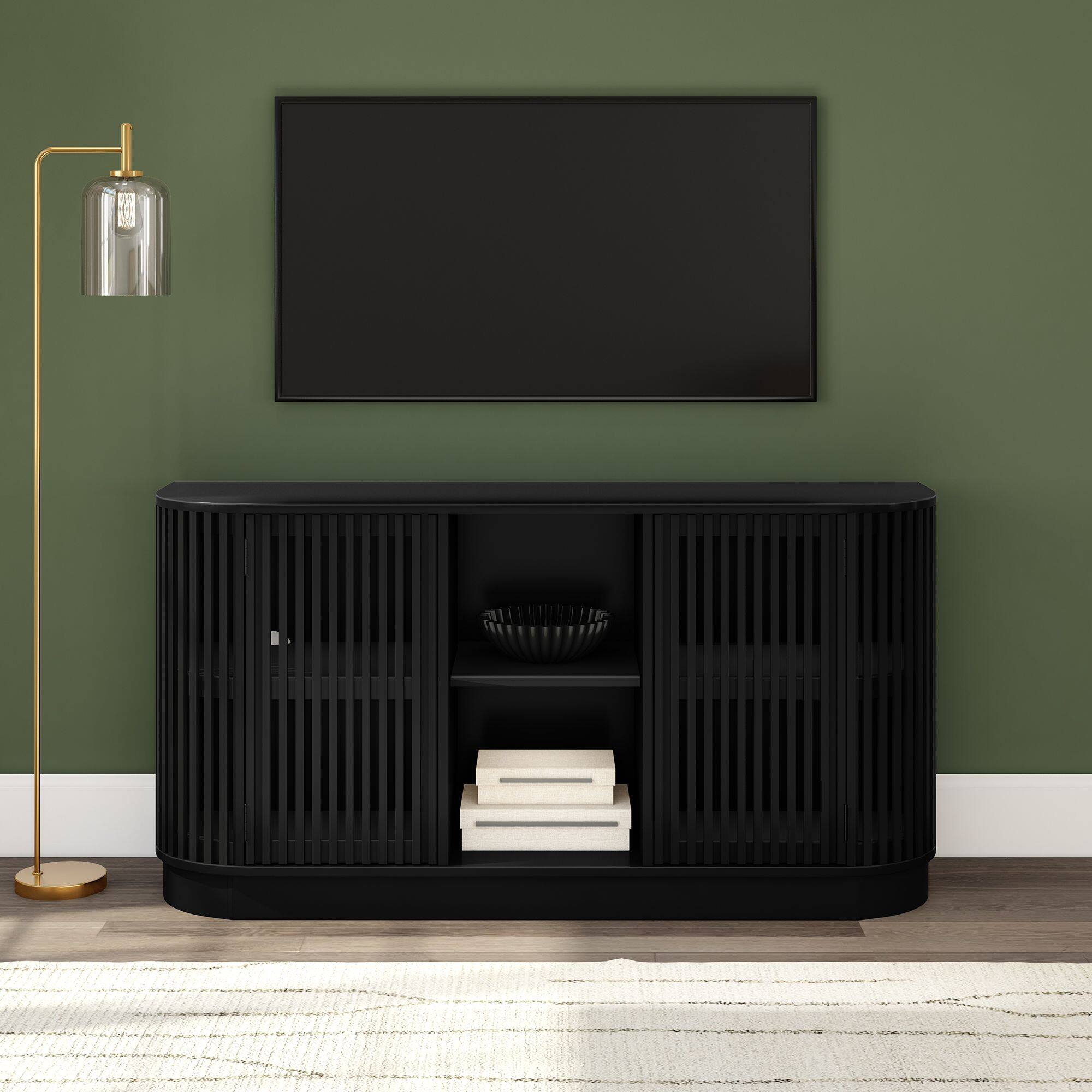 Alt View 1. Plank+Beam - Contour Sideboard, 2 Door w/ Middle Shelf (1495 x 406 x 762mm / 59 x 16 x 30in), Black - Black.
