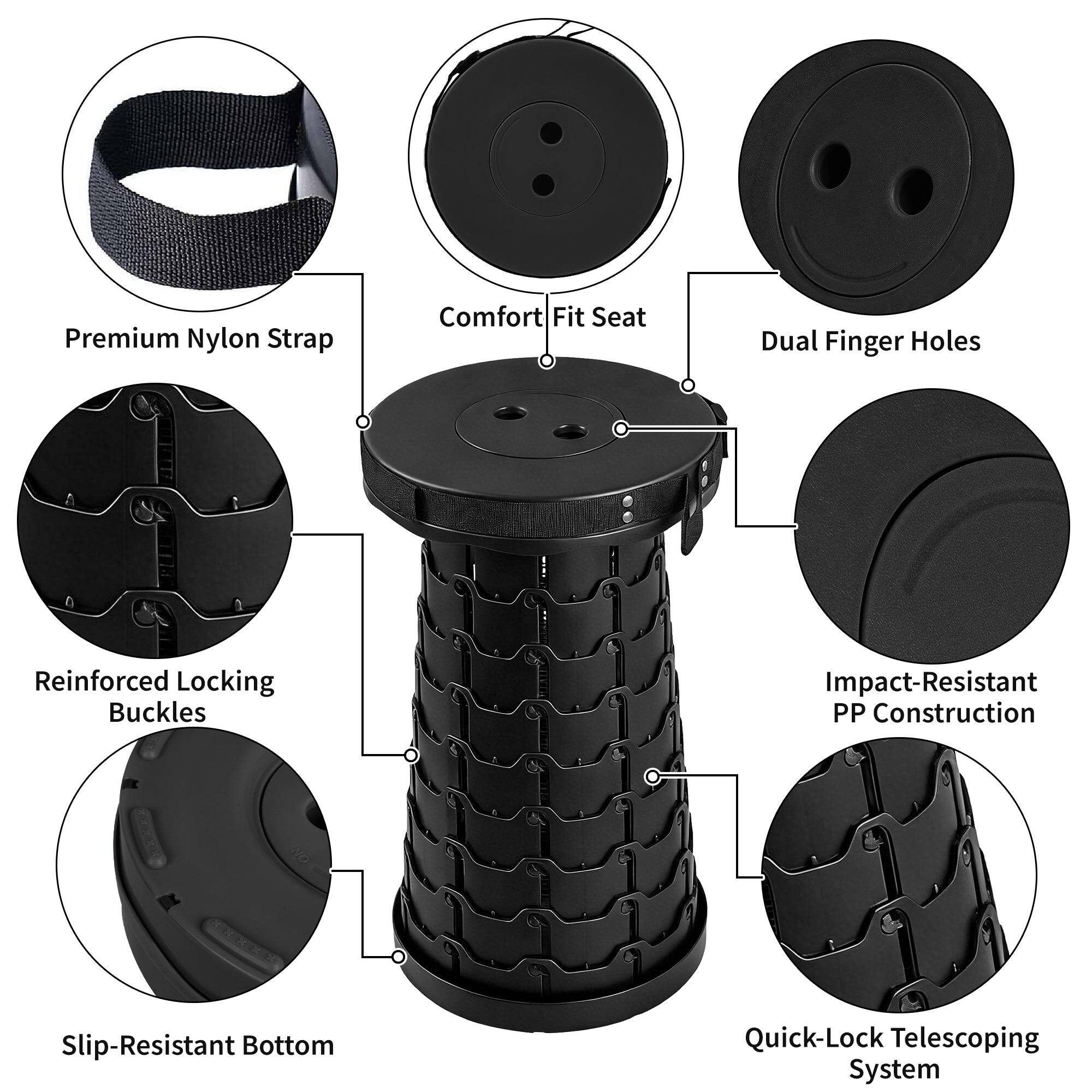 Premium Nylon Strap  
Comfort Fit Seat  
Dual Finger Holes  
Reinforced Locking Buckles  
Impact-Resistant PP Construction  
Slip-Resistant Bottom  
Quick-Lock Telescoping System