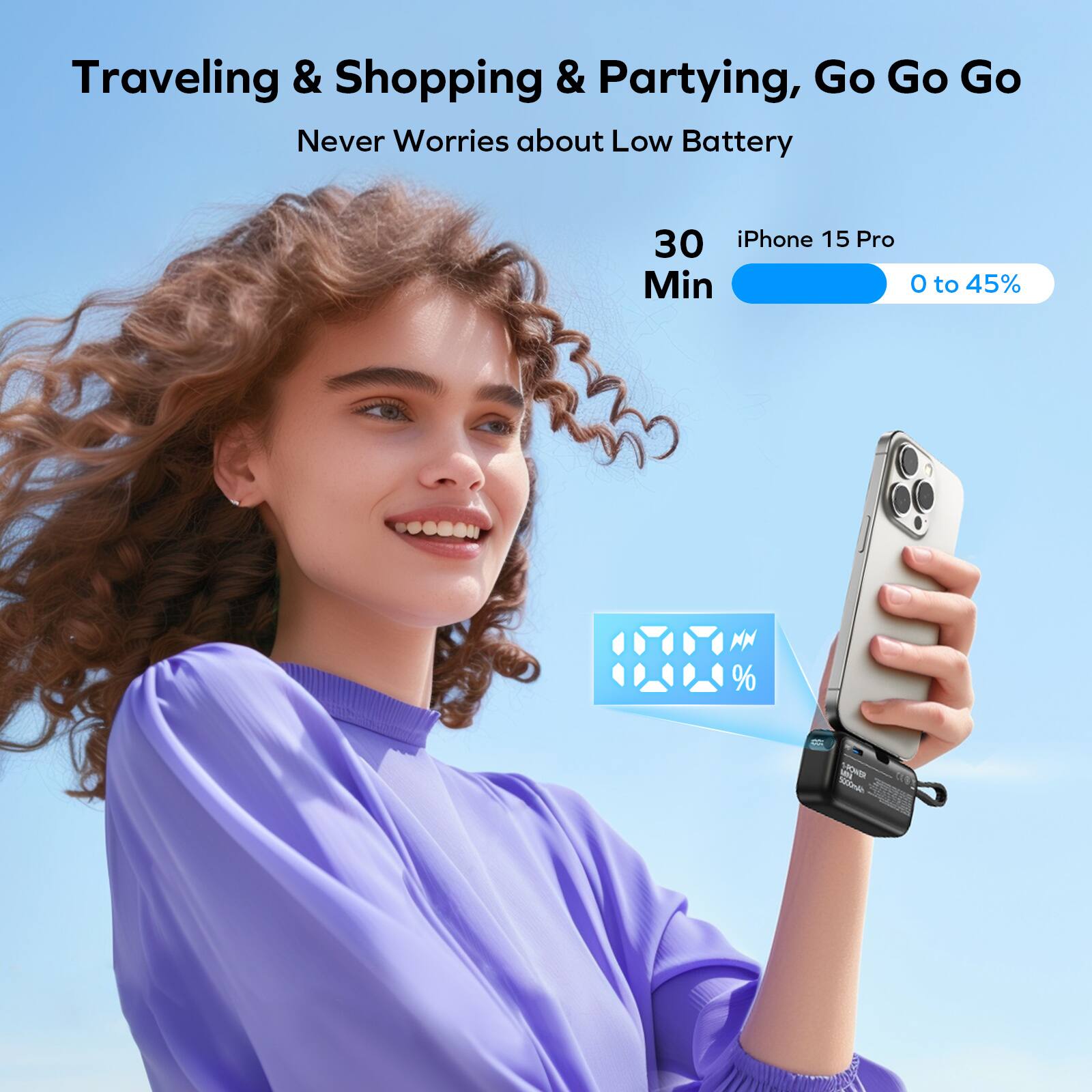 Traveling & Shopping & Partying, Go Go Go Never Worries about Low Battery 30 iPhone 15 Pro Min to 45% - SONER