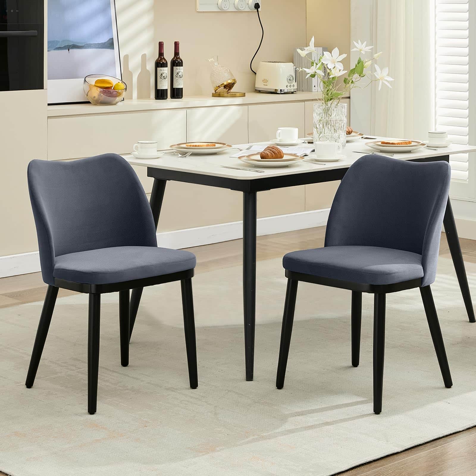 Acekool - Dining Chairs Set of 2: Upholstered Fabric Dining Room Side Chairs,Chair for Dining Table with Padded Seat and Wood Legs - Dark Grey Velvet