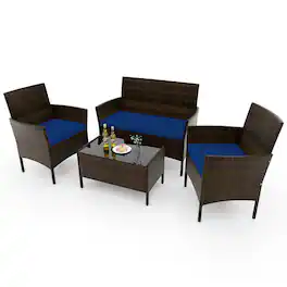 Costway - 4 PCS Patio Furniture Set with Washable Cushions and Tempered Glass Coffee Table - Mix Brown + Navy
