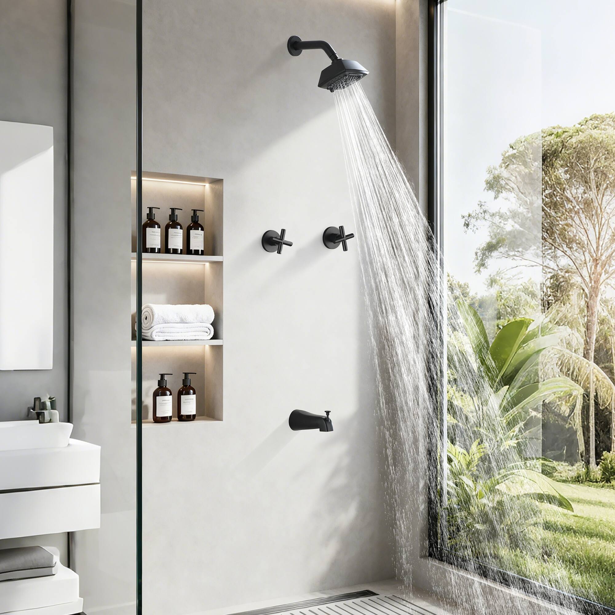 Alt View 2. Boyel Living - Matte Black Tub and Shower Set Brass SUS304 Dual Handle 5-Function Top Spray High-Flow - Matte Black.
