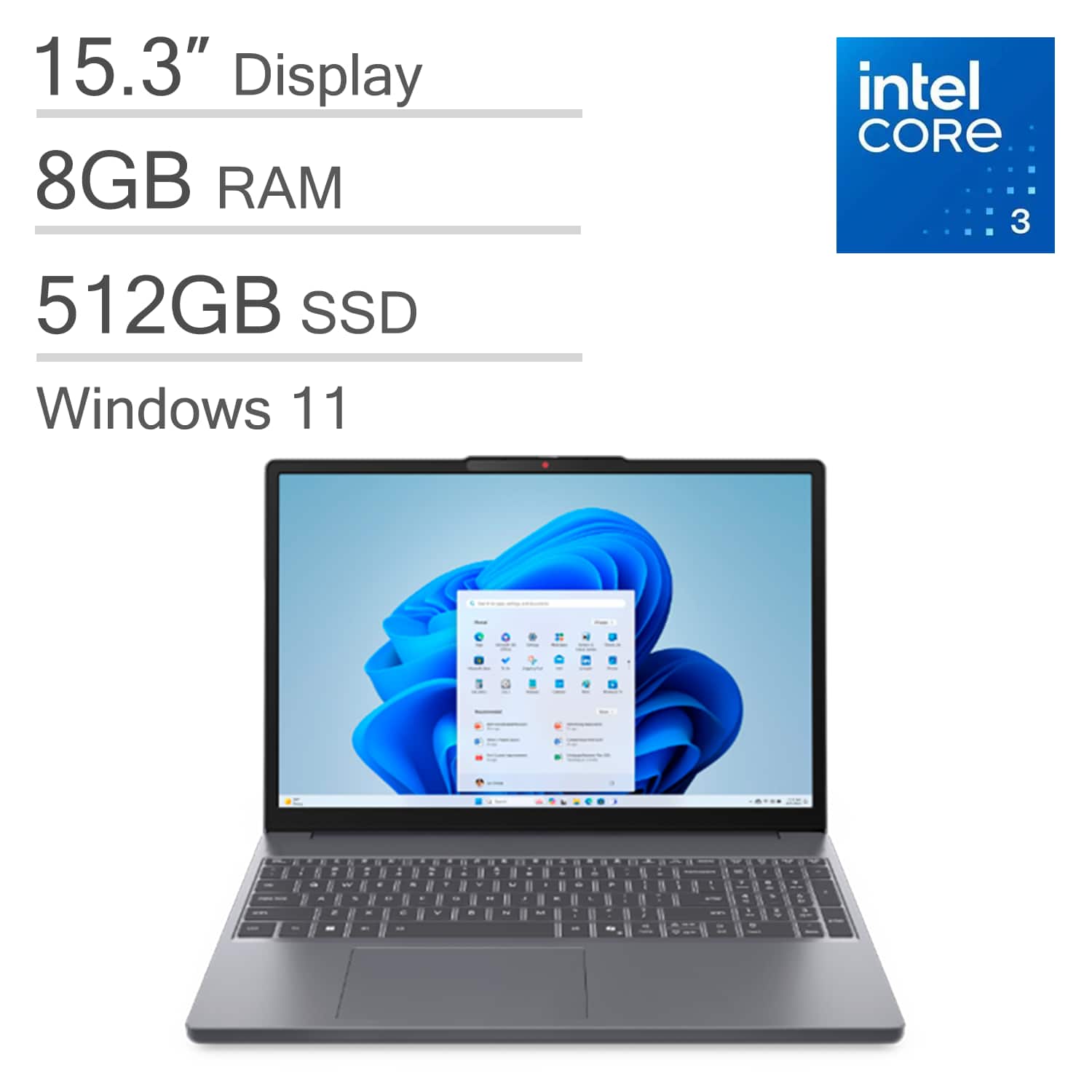 Lenovo - IdeaPad Slim 3i Laptop - 15.3" FHD+ - Intel Core 3 100U with 8GB Memory - 512GB SSD - Backlit - Windows 11 - Luna Grey