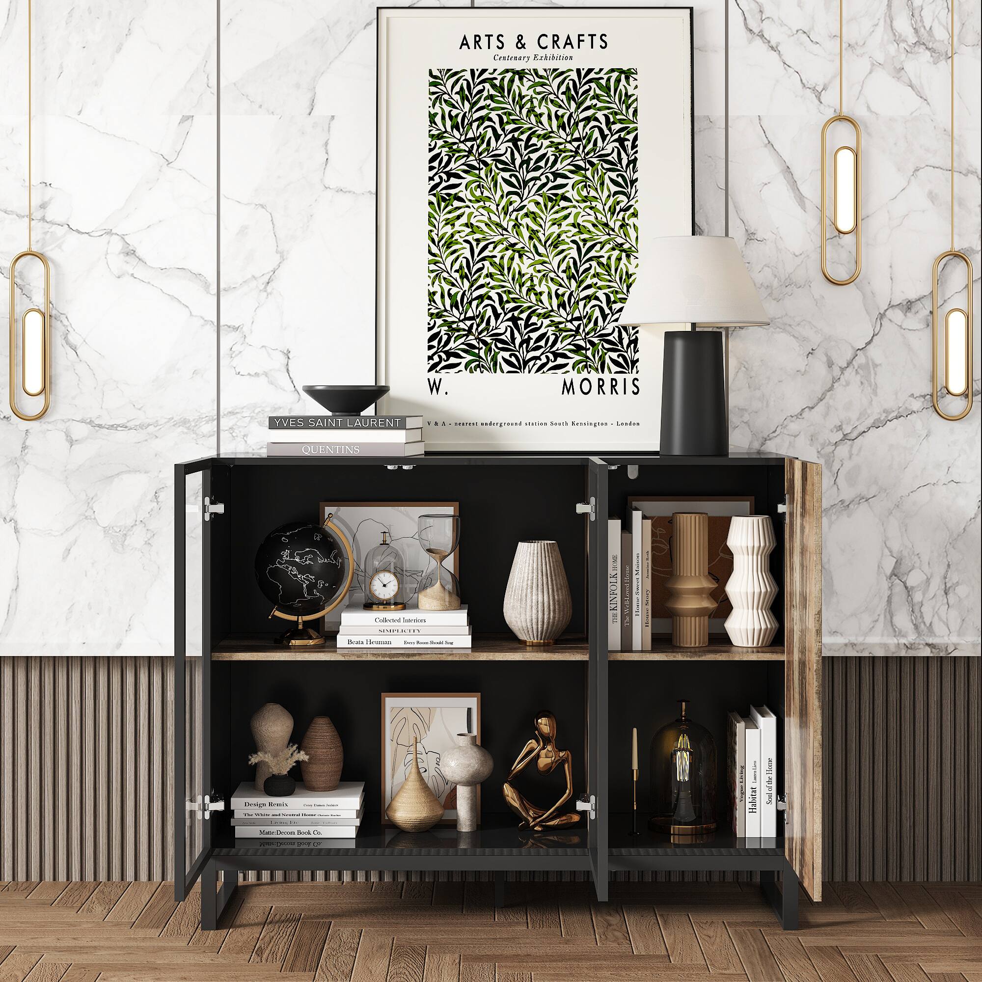 Famapy - Push-to-Open LED Lighted Display Cabinet – Glass & Wood Showcase for Collectibles,Books, Home Decor Storage - Black & Brown