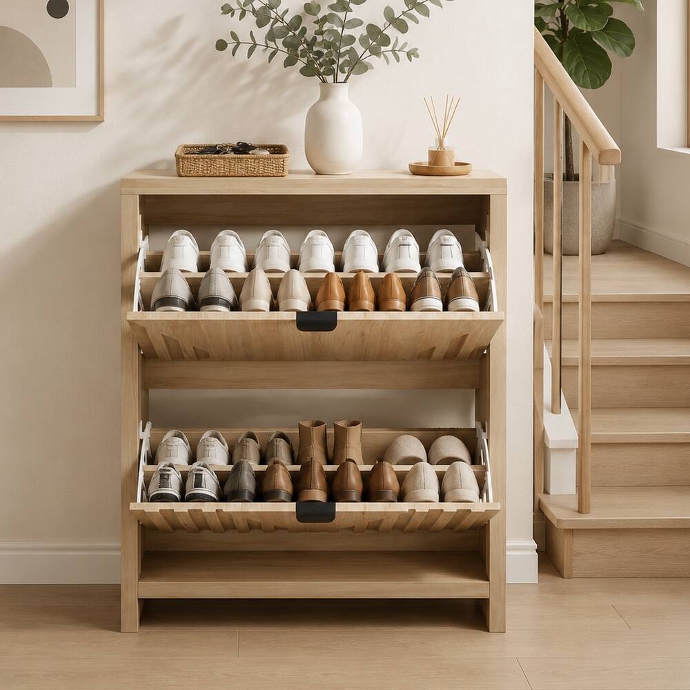 Alt View 2. Loheer - Loheer 31.5 inch oak entryway shoe cabinet with vertical carved panels - Oak.