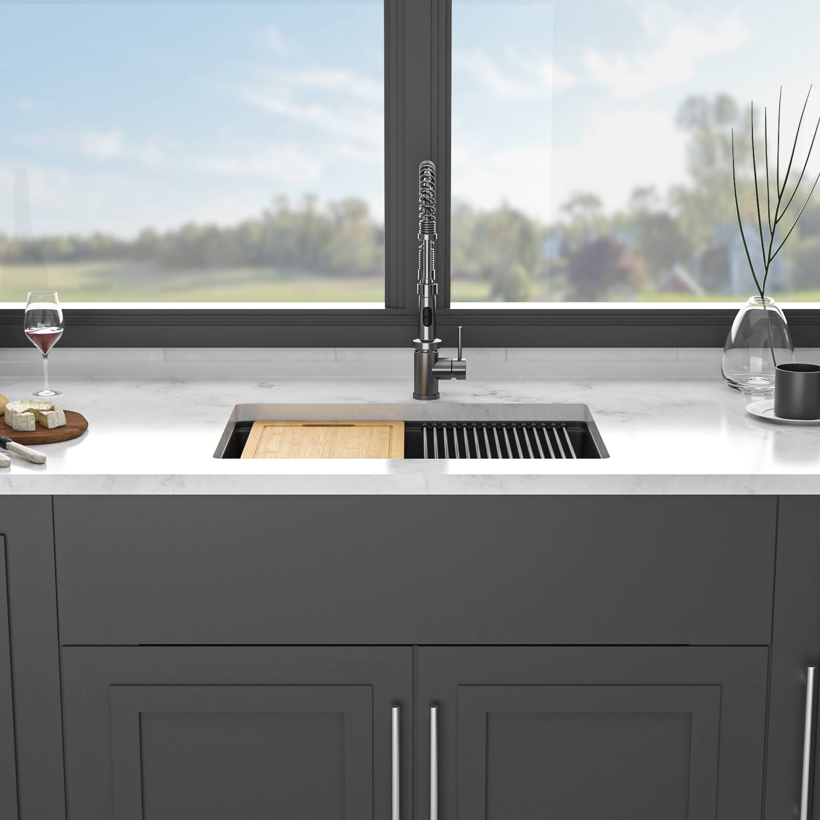 Alt View 1. Siljoy - Quartz Kitchen Sink - 28" x 19" x 9.65" Black granite composite Workstation undermount kitchen sink - Black.