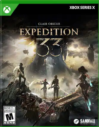 The text on the image reads: "Xbox Series X Clair Obscur Expedition 33 Mature 17+ Jeunes Adultes 17+ M ESRB Sandfall Interactive." - M (Mature 17+)
