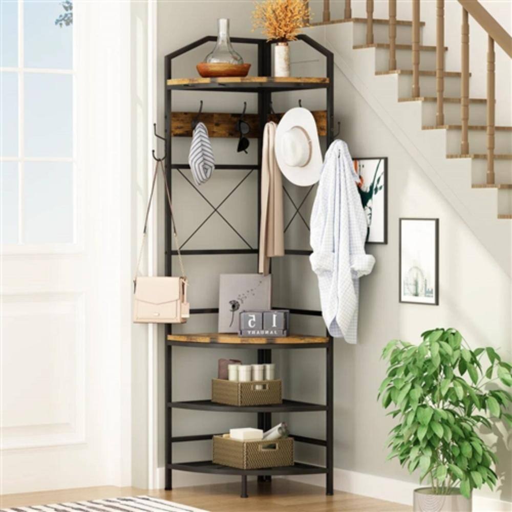 Left. Hivvago - Industrial Metal/Wood Corner Hall Tree Shoe Storage Bench Coat Rack - Brown , Black.