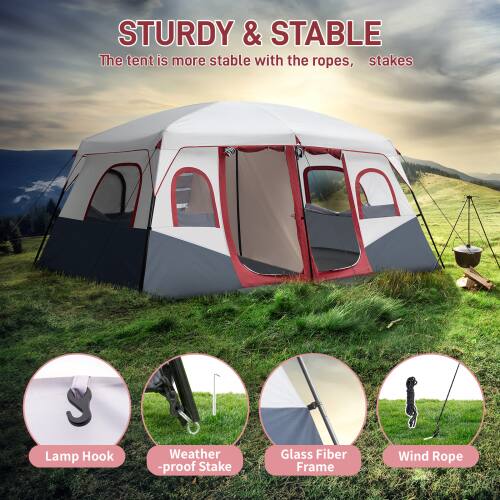 STURDY & STABLE  
The tent is more stable with the ropes, stakes  

- Lamp Hook  
- Weather-proof Stake  
- Glass Fiber Frame  
- Wind Rope
