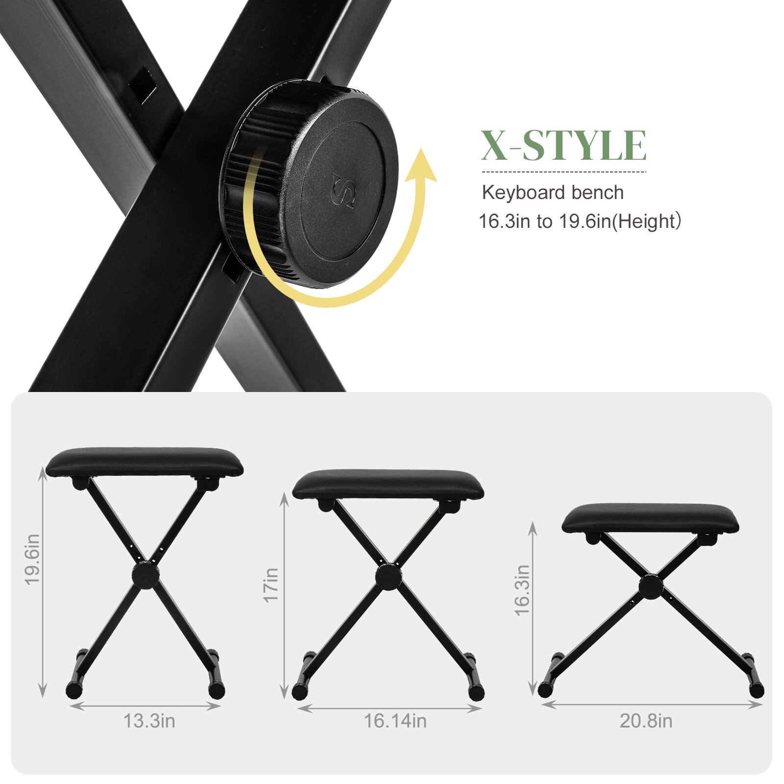 X-STYLE Keyboard bench 16.3in to 19.6in(Height)

19.6in
17in
16.3in
13.3in
16.14in
20.8in