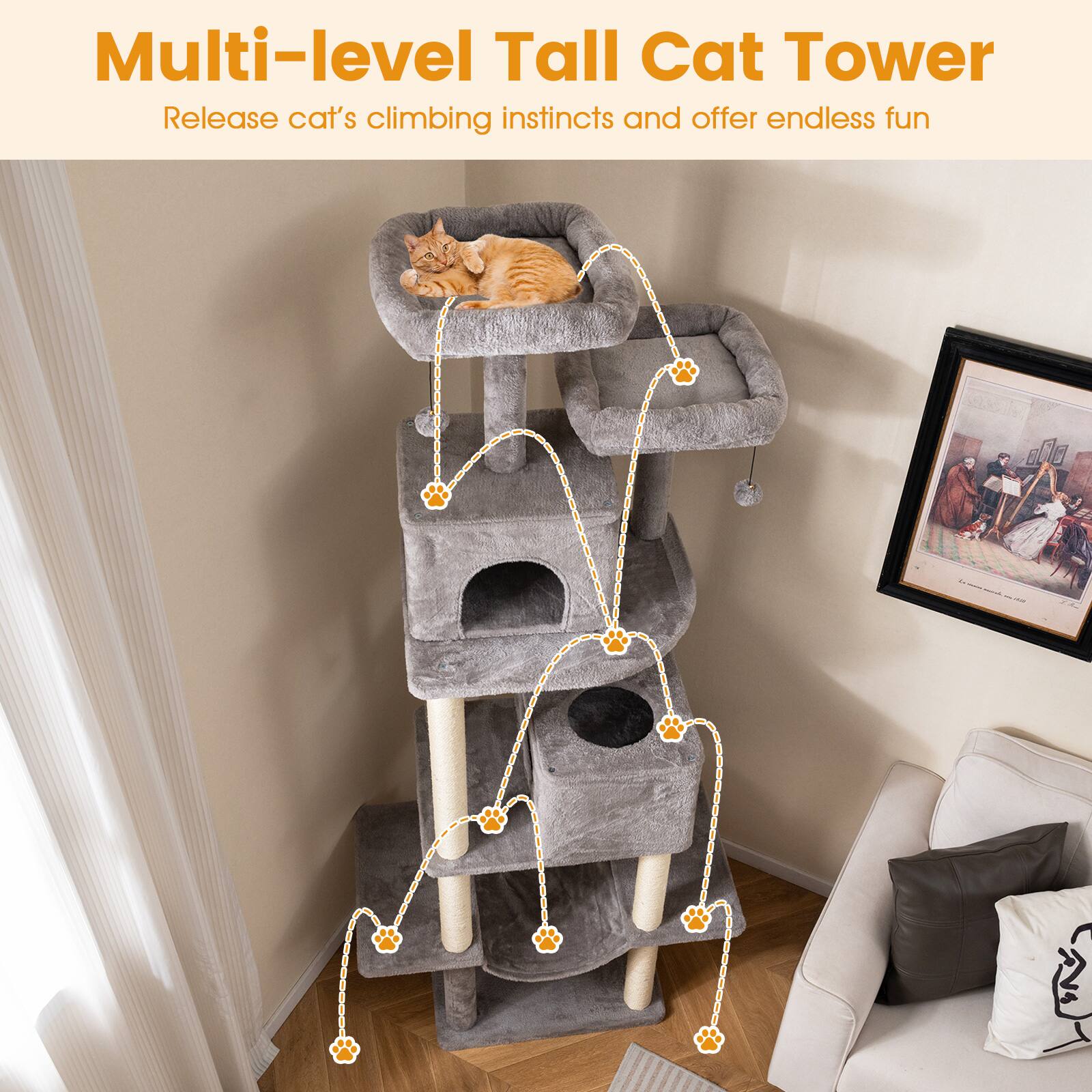Multi-level Tall Cat Tower  
Release cat's climbing instincts and offer endless fun