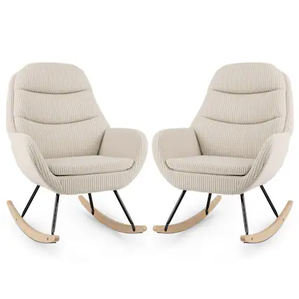 Front. Costway - Costway 2 PCS Upholstered Rocking Chair with Padded Backrest & Seat Rubber Wood Feet - Beige.