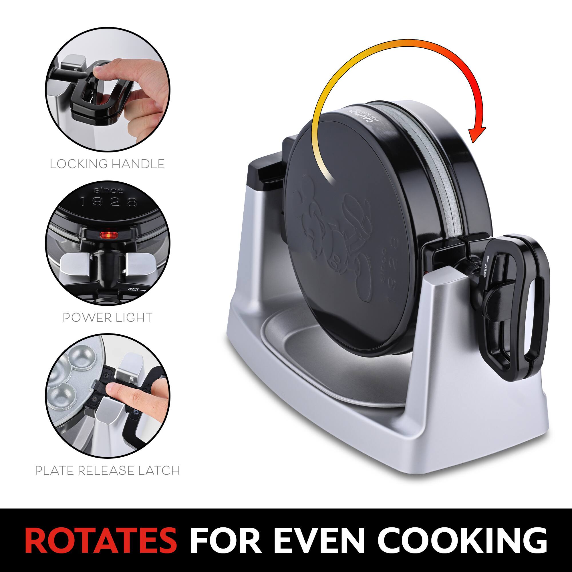 LOCKING HANDLE since 1923  
POWER LIGHT  
PLATE RELEASE LATCH  
ROTATES FOR EVEN COOKING