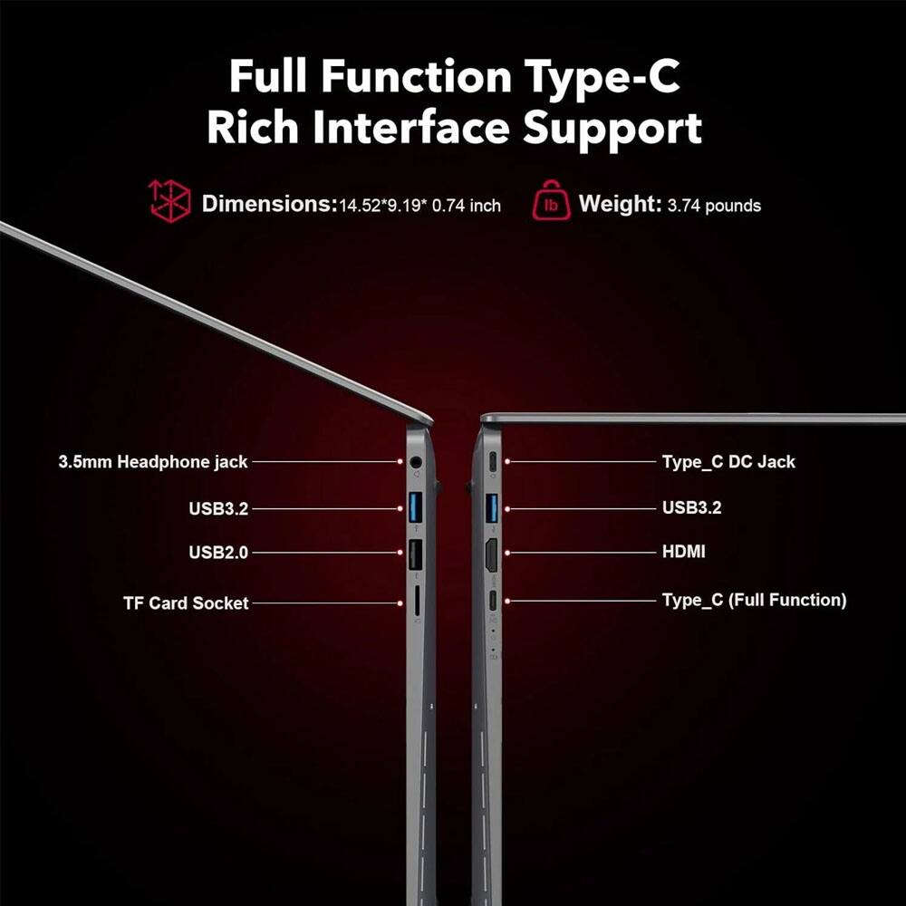 Full Function Type-C  
Rich Interface Support  

Dimensions: 14.52*9.19*0.74 inch  
Weight: 3.74 pounds  

3.5mm Headphone jack  
USB3.2  
USB2.0  
TF Card Socket  

Type_C DC Jack  
USB3.2  
HDMI  
Type_C (Full Function)