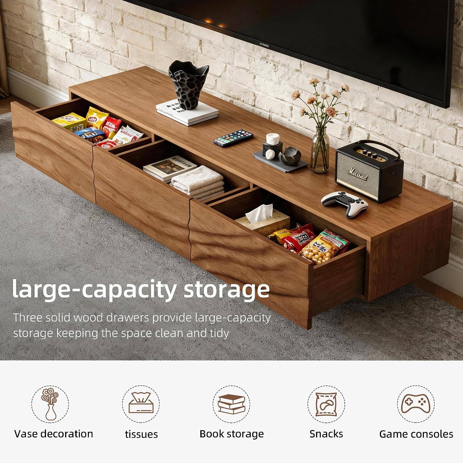 22 FBC PIB  
HIG Adiensi  
IN awne  
Marchal  
proternal LUM  

large-capacity storage  
Three solid wood drawers provide large-capacity storage keeping the space clean and tidy  

Vase decoration  
tissues  
Book storage  
Snacks  
Game consoles