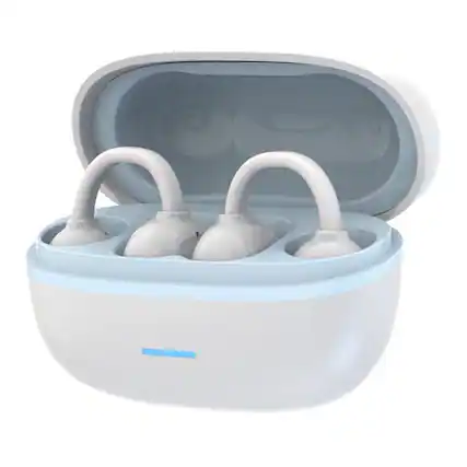 Front. RISOKEYS - Earbuds BLE with ENC Noise Cancelling Mic On The Open Ear Design Touch Control,for Running, Gym, Office Workers - White.