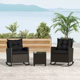 Gymax - Set of 3 Wicker Rocking Set w/ Tempered Glass Table Patio Outdoor - Black