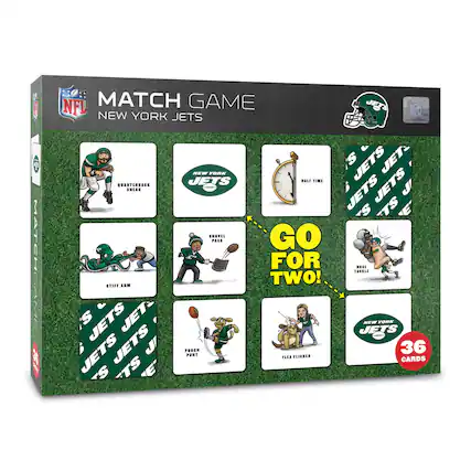 MATCH GAME
NFL
NEW YORK JETS
QUARTERBACK SNEAK
STIFF ARM
PASS
POOCH PUNT
FLEA FLICKER
HALF TIME
GO FOR TWO!
NOSE TACKLE
NEW YORK JETS
36 CARDS