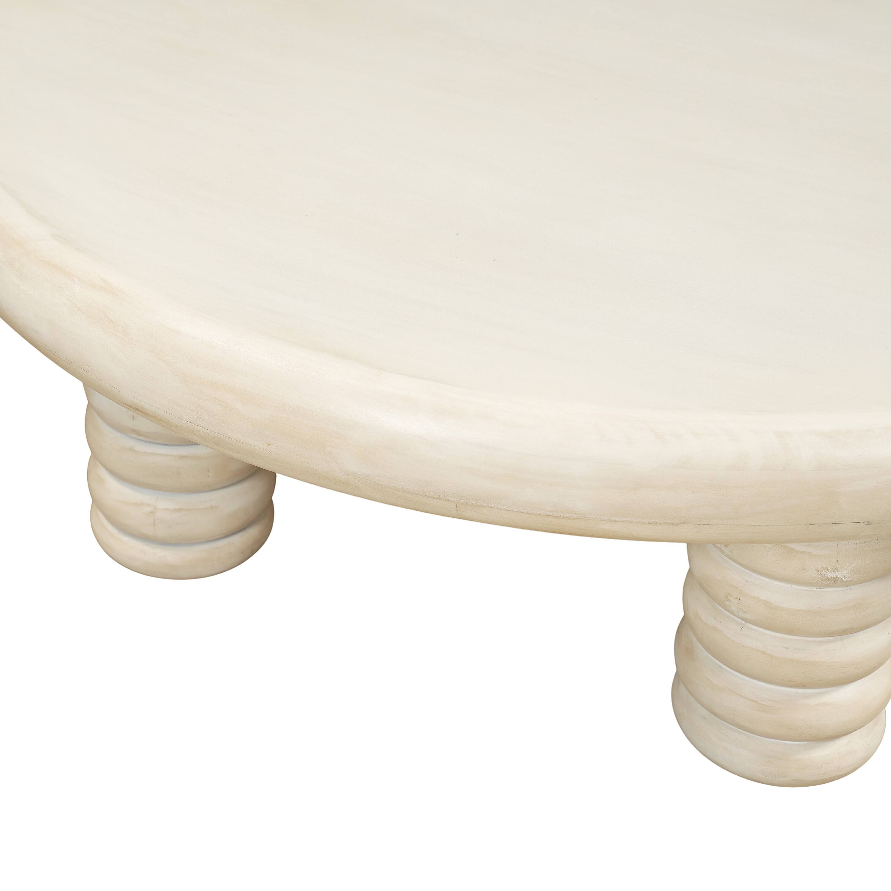 Back. Manhattan Lane - 44 Inch Round Coffee Table, Stacked Beaded Legs - Antique White.