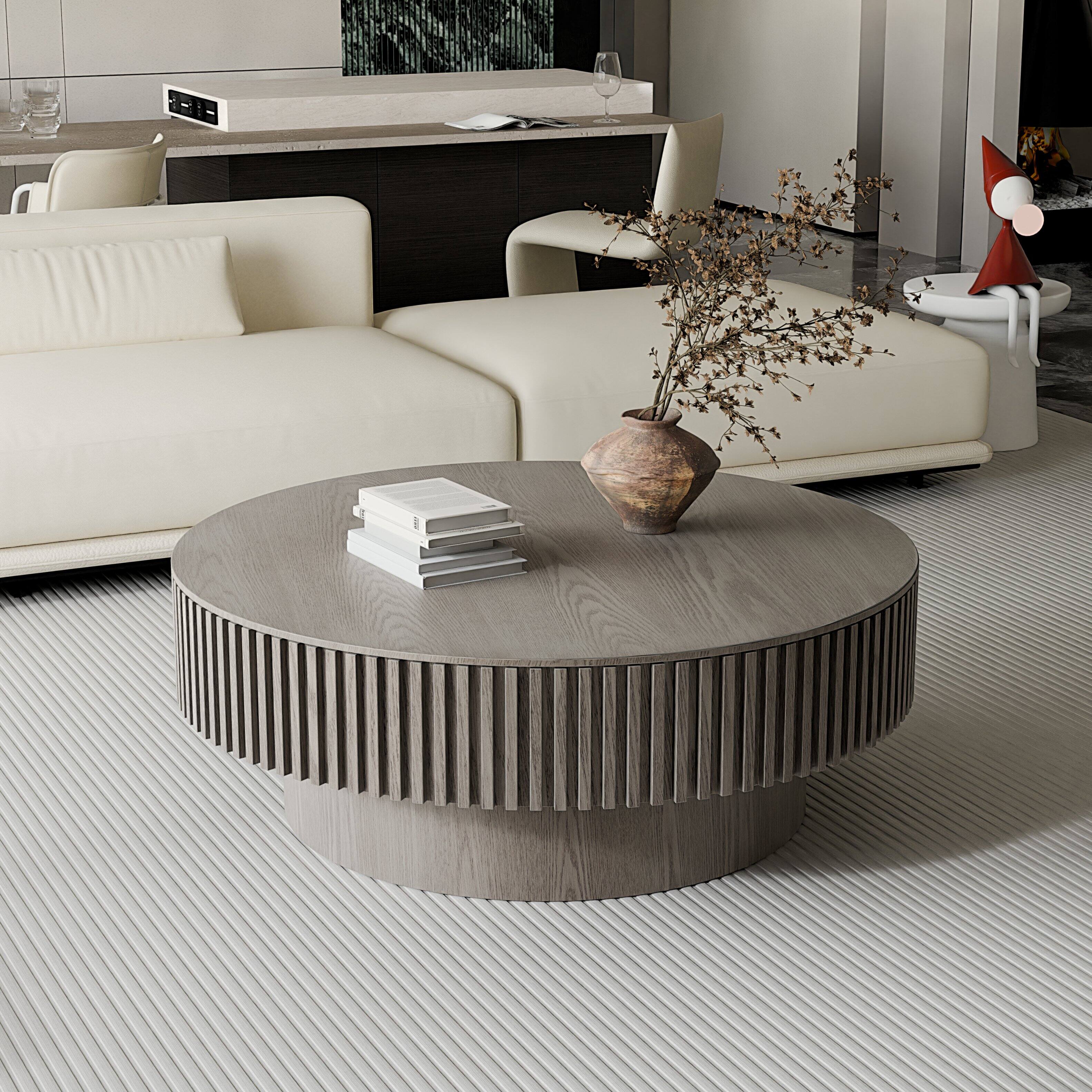 Left. Loheer - Loheer 39.37 Inch Grey Round Coffee Table with Storage Solid Wood Veneer Modern Accent Tea Table for Living Room - Grey.