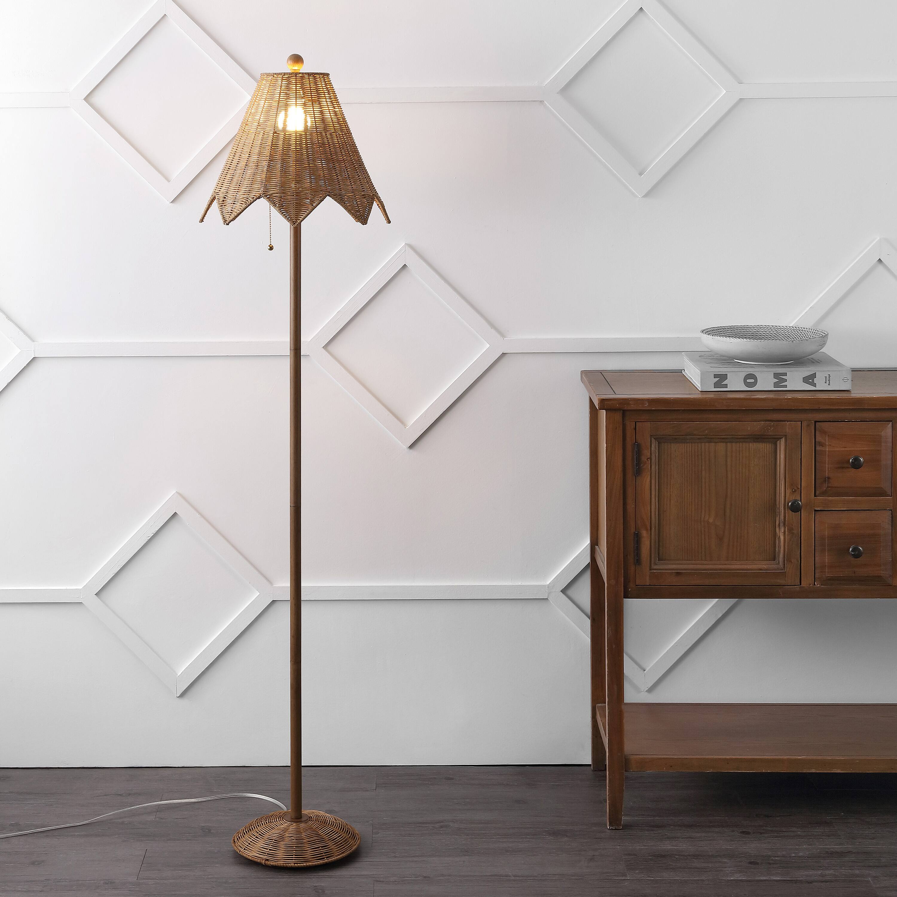 Alt View 1. Jonathan Y - Tybee 60.5" Traditional Coastal Rattan Scalloped LED Floor Lamp, Natural Brown - Brown.