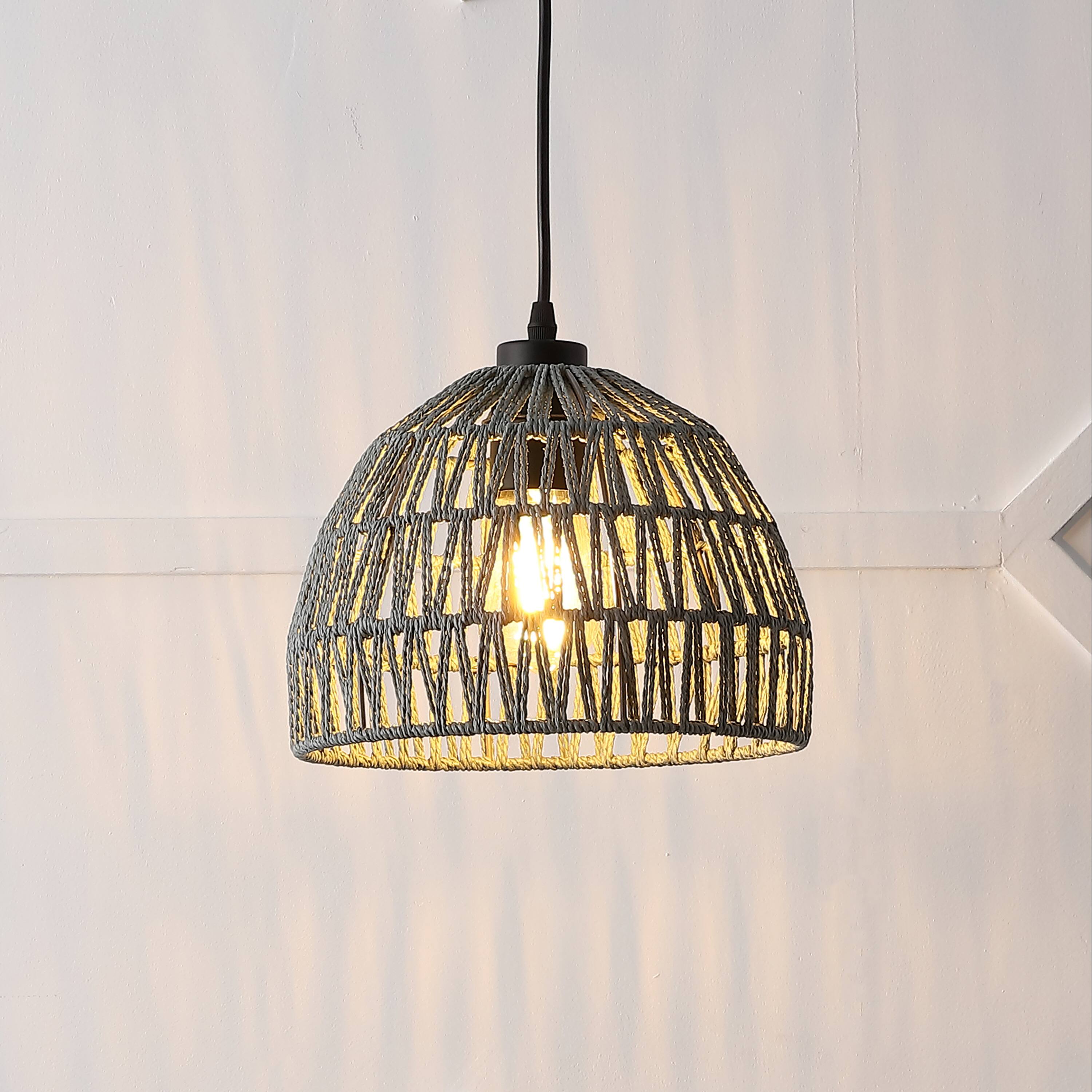 Alt View 1. Jonathan Y - Campana 10.25" 1-Light Bohemian Modern Woven Rope/Iron LED Pendant, Gray - Gray.