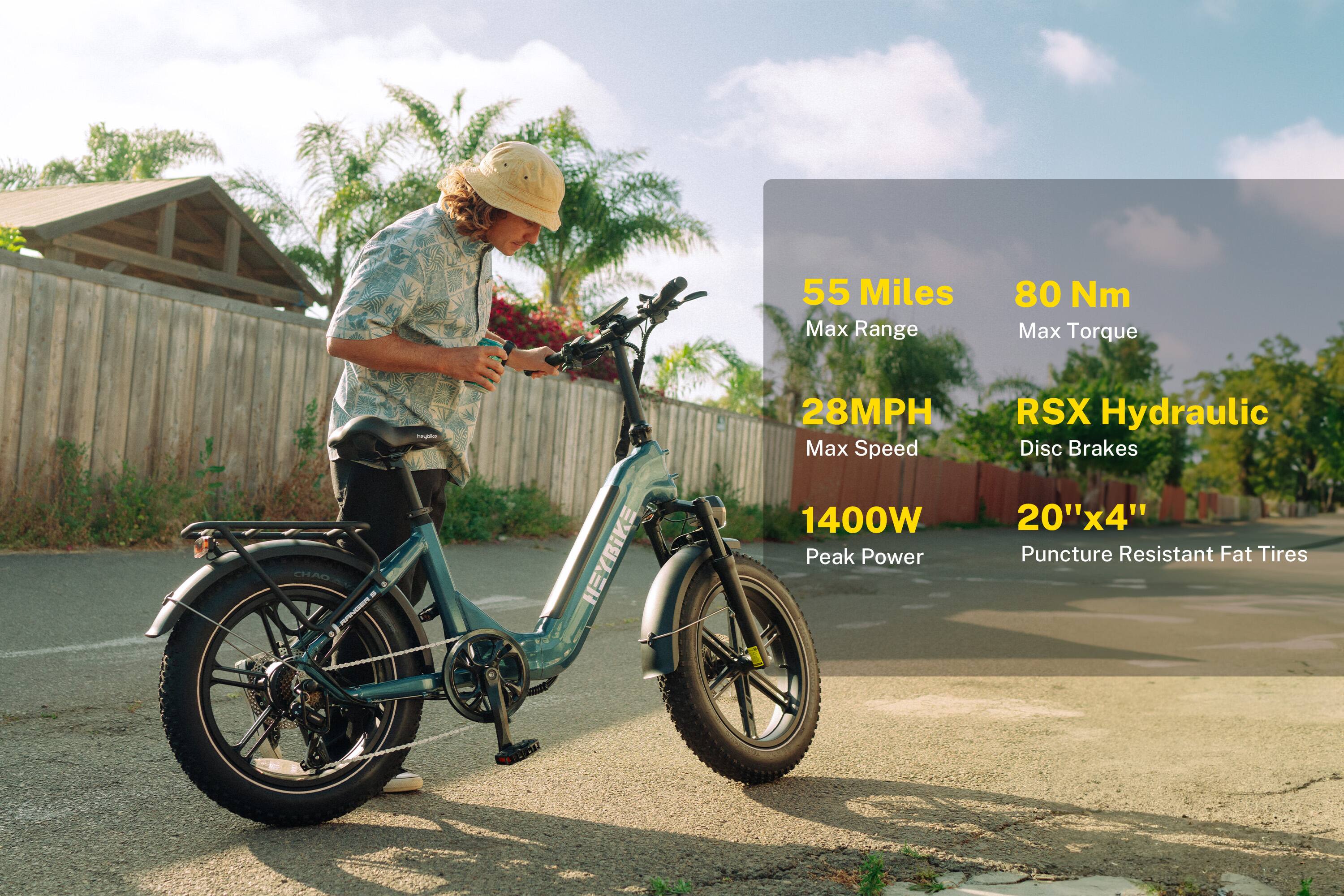 The text on the image reads: "55 Miles Max Range 80 Nm Max Torque CHAO - AP Sepaa HEYBIKE 28MPH Max Speed 1400W Peak Power RSX Hydraulic Disc Brakes 20"x4" Puncture Resistant Fat Tires."