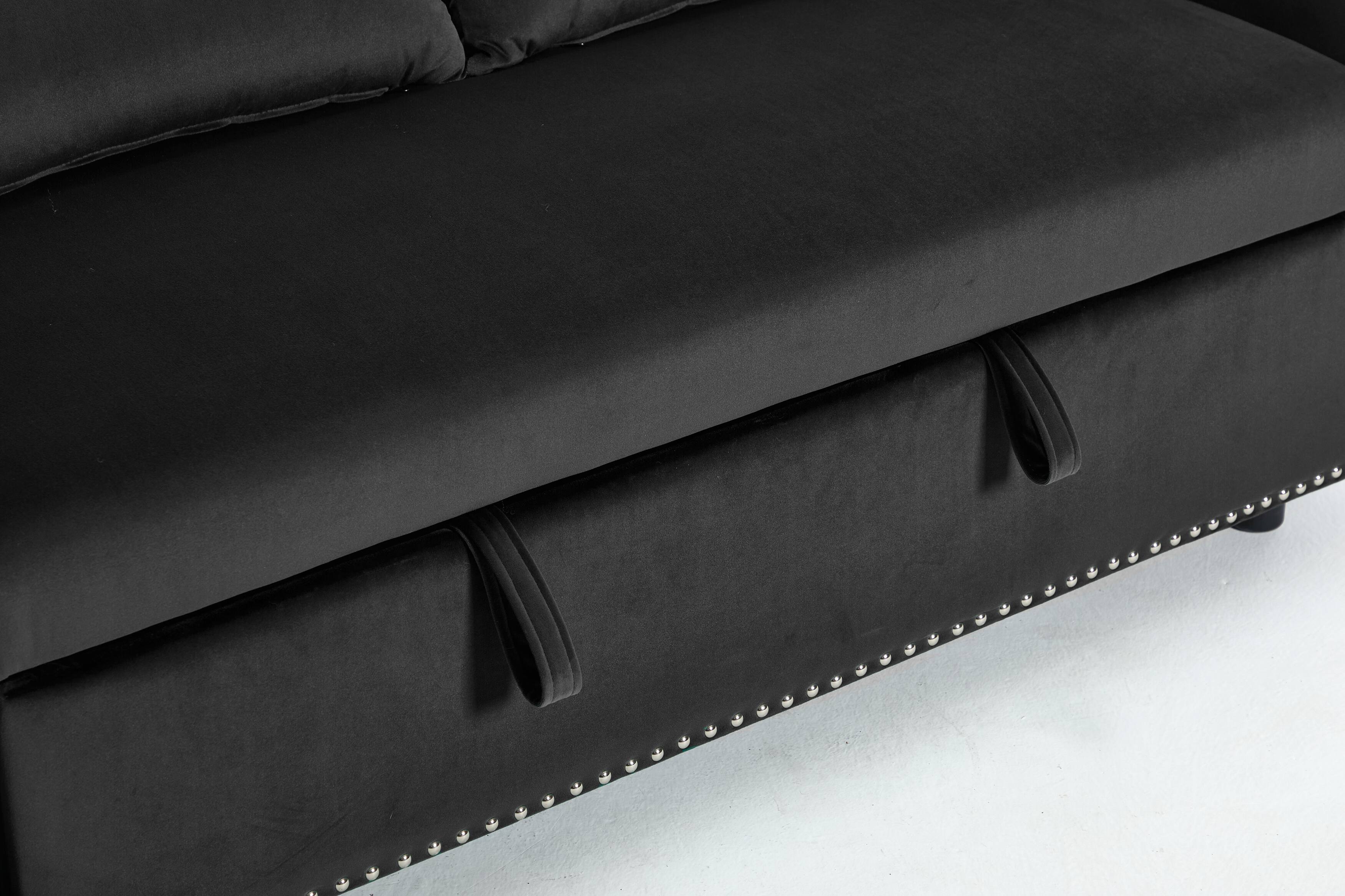 Alt View 6. Tiramisubest - 3 in 1 Convertible Sleeper Futon Sofa Bed,55" Velvet Loveseat with 2 Pillows,Reclining Backrest & Side Pockets,Black - Black.