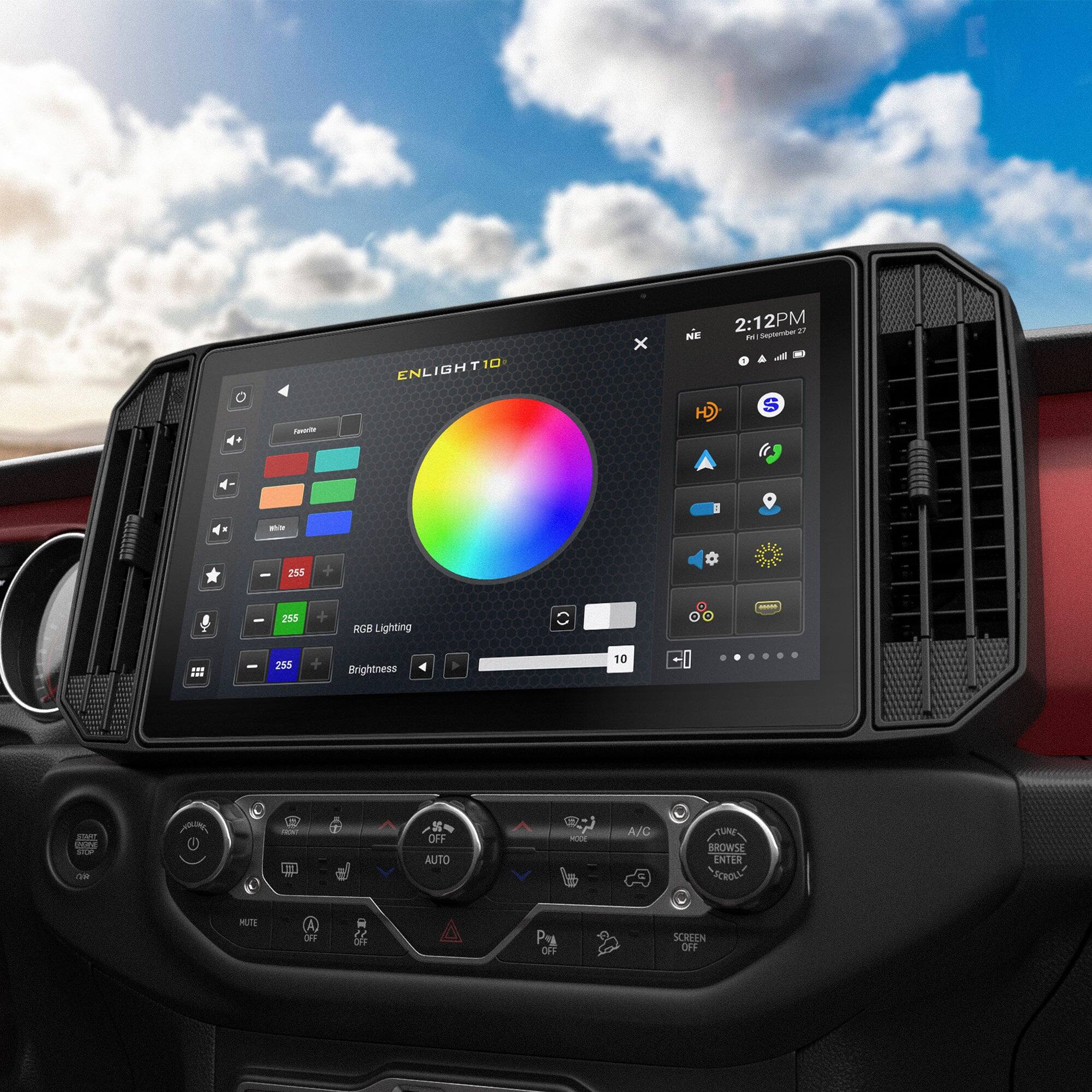T 10 ENLIGHT 10  
2:12 PM  
2 1 - September 27  
- Cr H S 1 - 1  
255 1 255 +  
RGB Lighting +  
Brightness 10 1002  
OH S OFF AUTO  
- A/C  
TUNE BROWSE ENTER  
SCROLL MUTE  
Cl OFF OFF SCREEN OFF