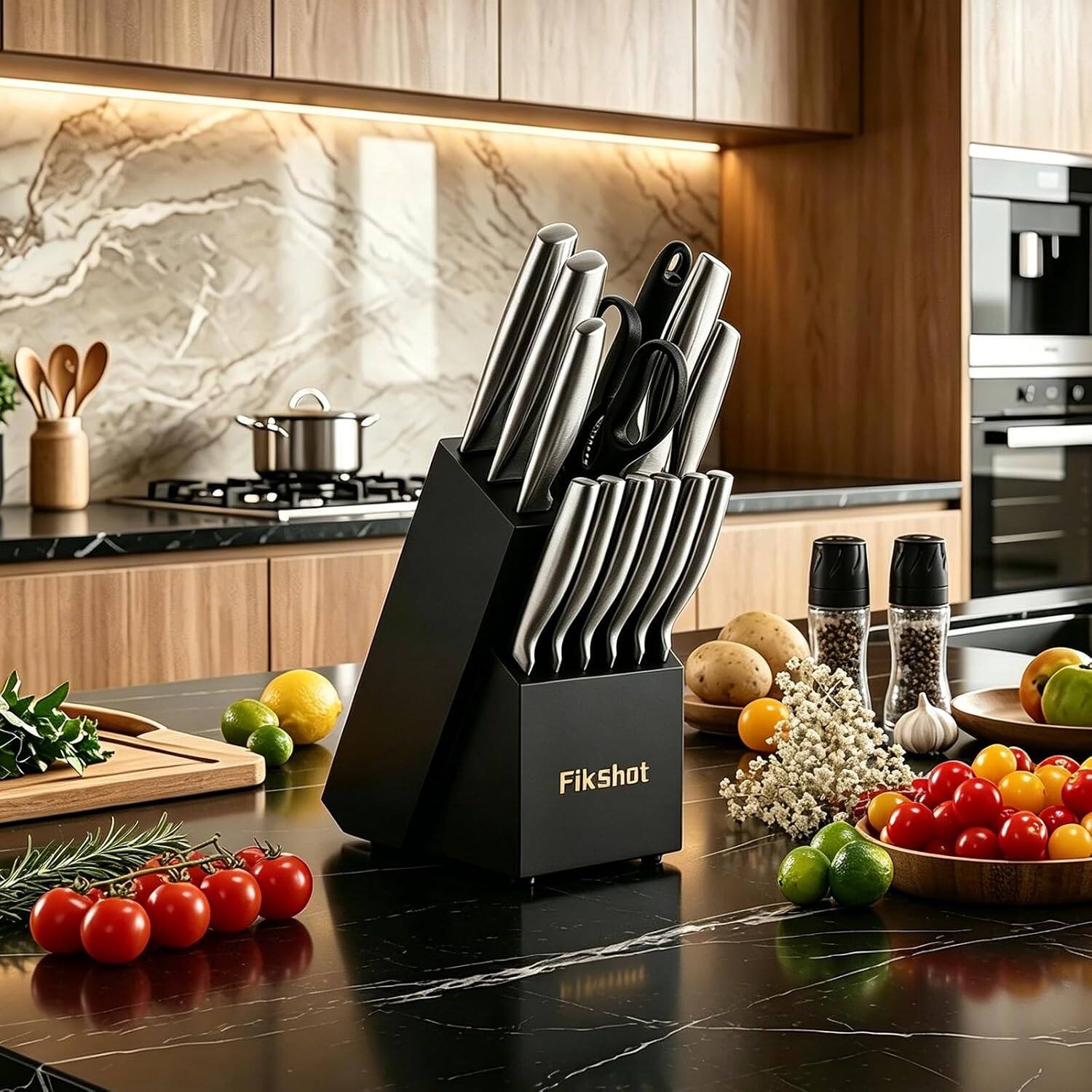 Angle. Livingo - 14-Pieces Stainless Steel Knife Set with Black Block - Stainless steel colour.