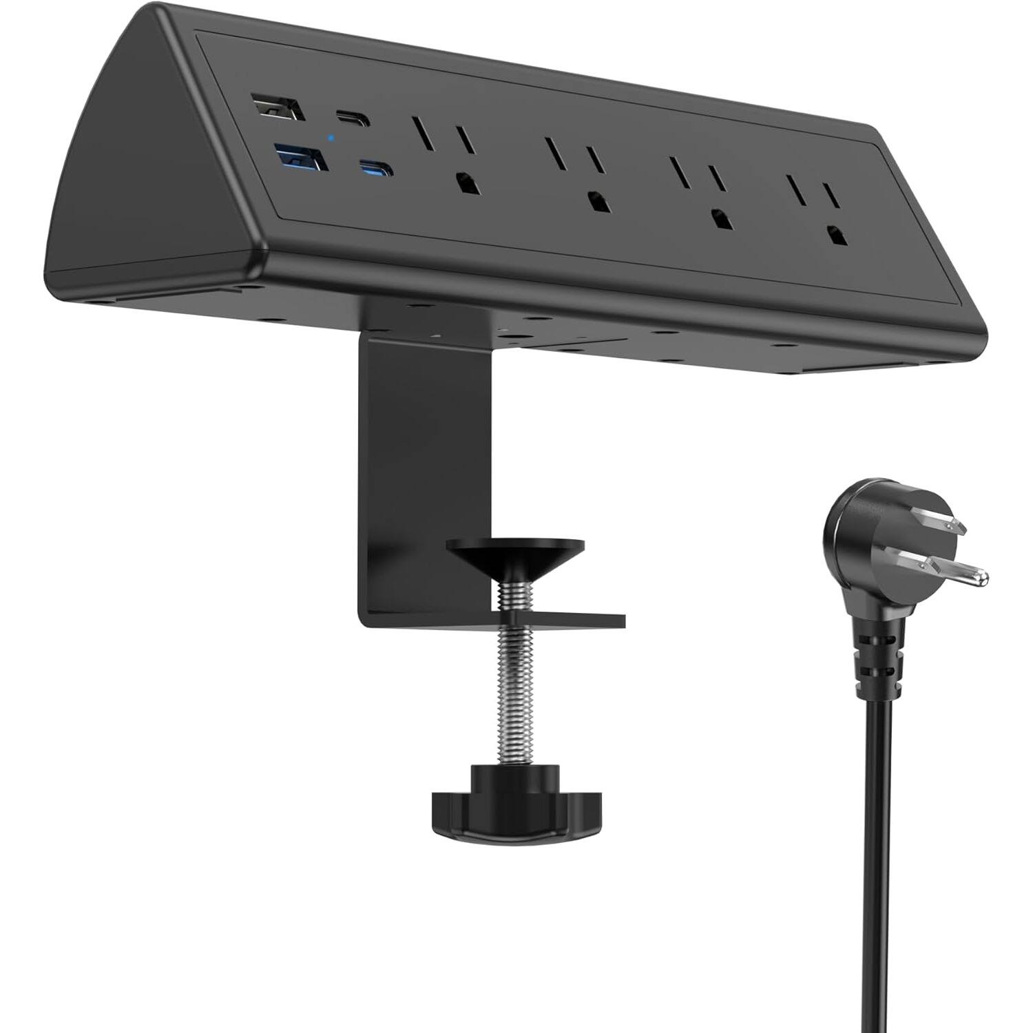 Front. PARKER SLATER - Desk clamp power strip with surge protection, 20W fast charging, 2 USB-C, 2 USB-A, and multiple AC outlets. - Black.