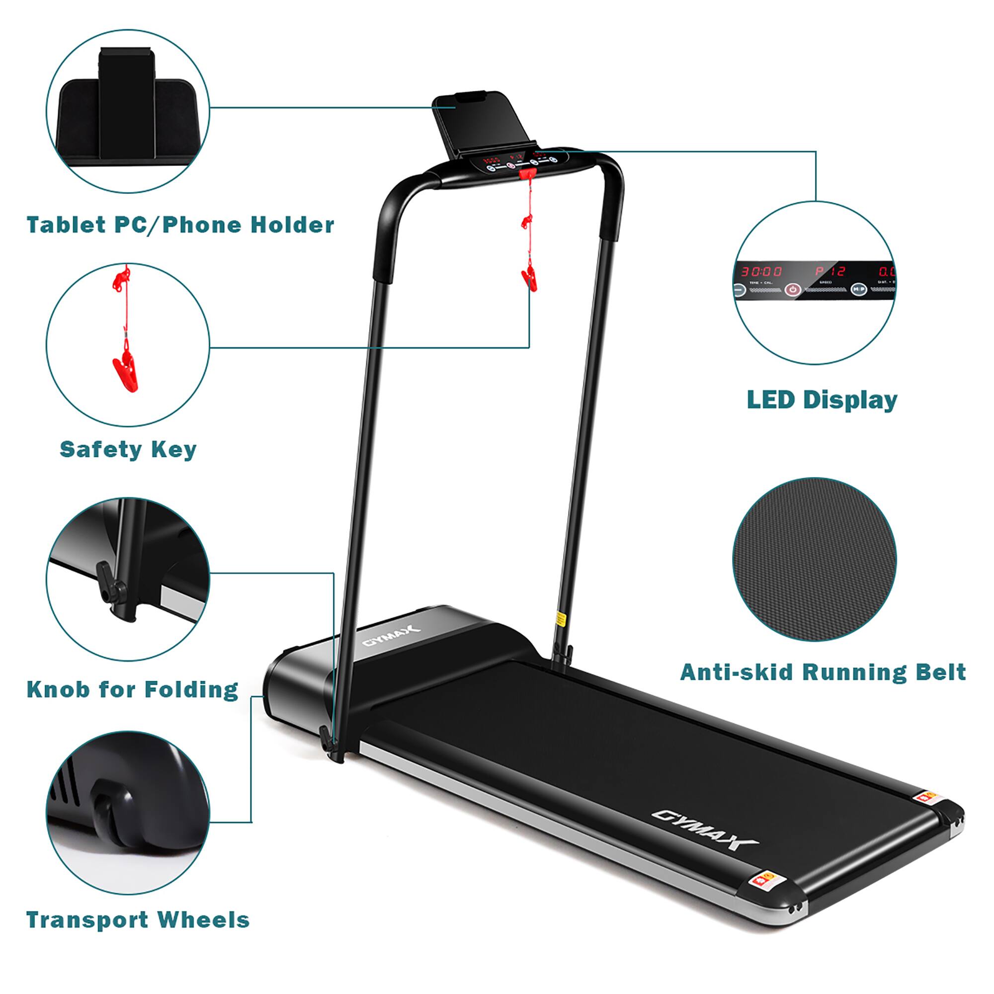 - Tablet PC/Phone Holder
- Safety Key
- LED Display
- Knob for Folding
- Anti-skid Running Belt
- Transport Wheels