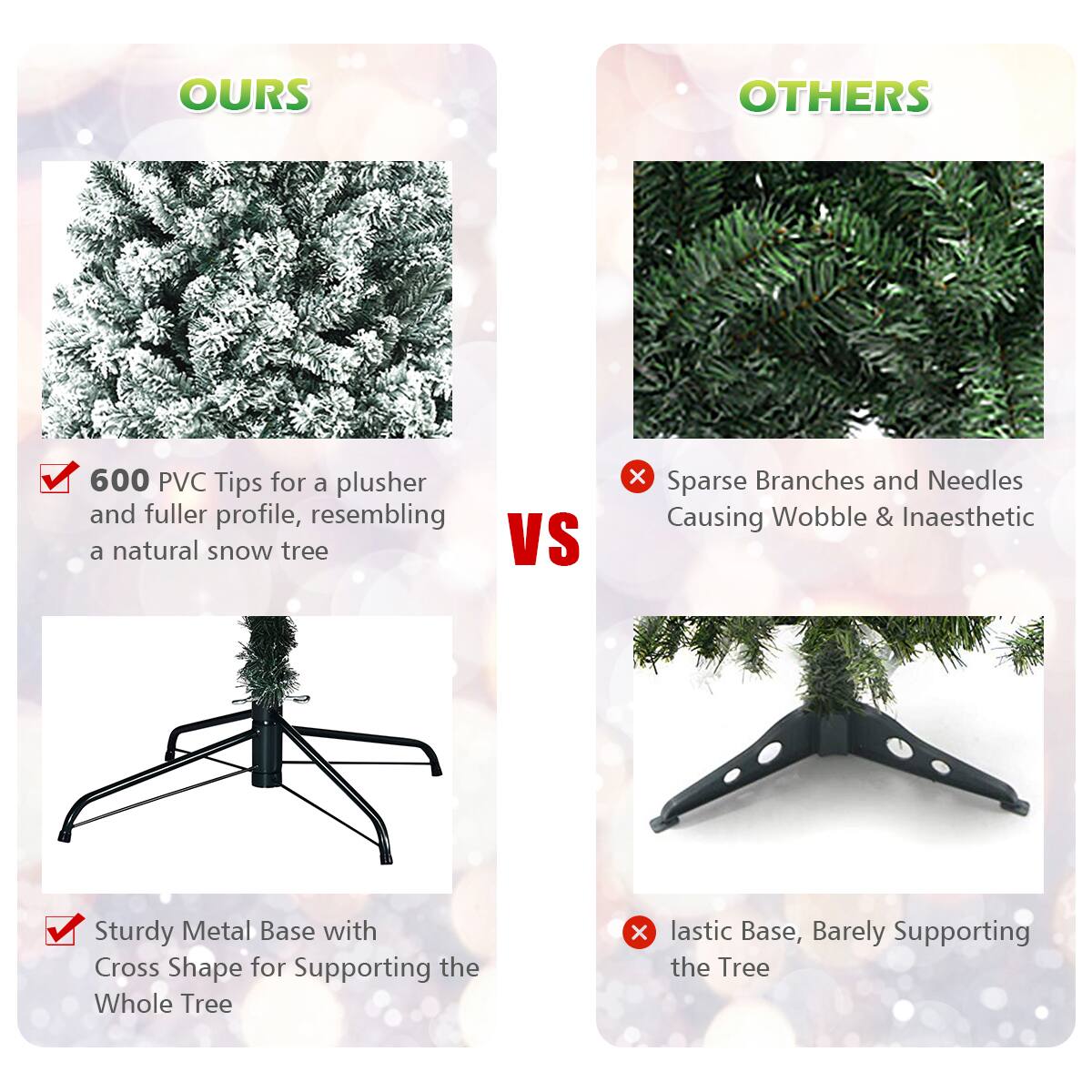 **OURS**

- 600 PVC Tips for a plusher and fuller profile, resembling a natural snow tree
- Sturdy Metal Base with Cross Shape for Supporting the Whole Tree

**OTHERS**

- Sparse Branches and Needles Causing Wobble & Inaesthetic
- Elastic Base, Barely Supporting the Tree