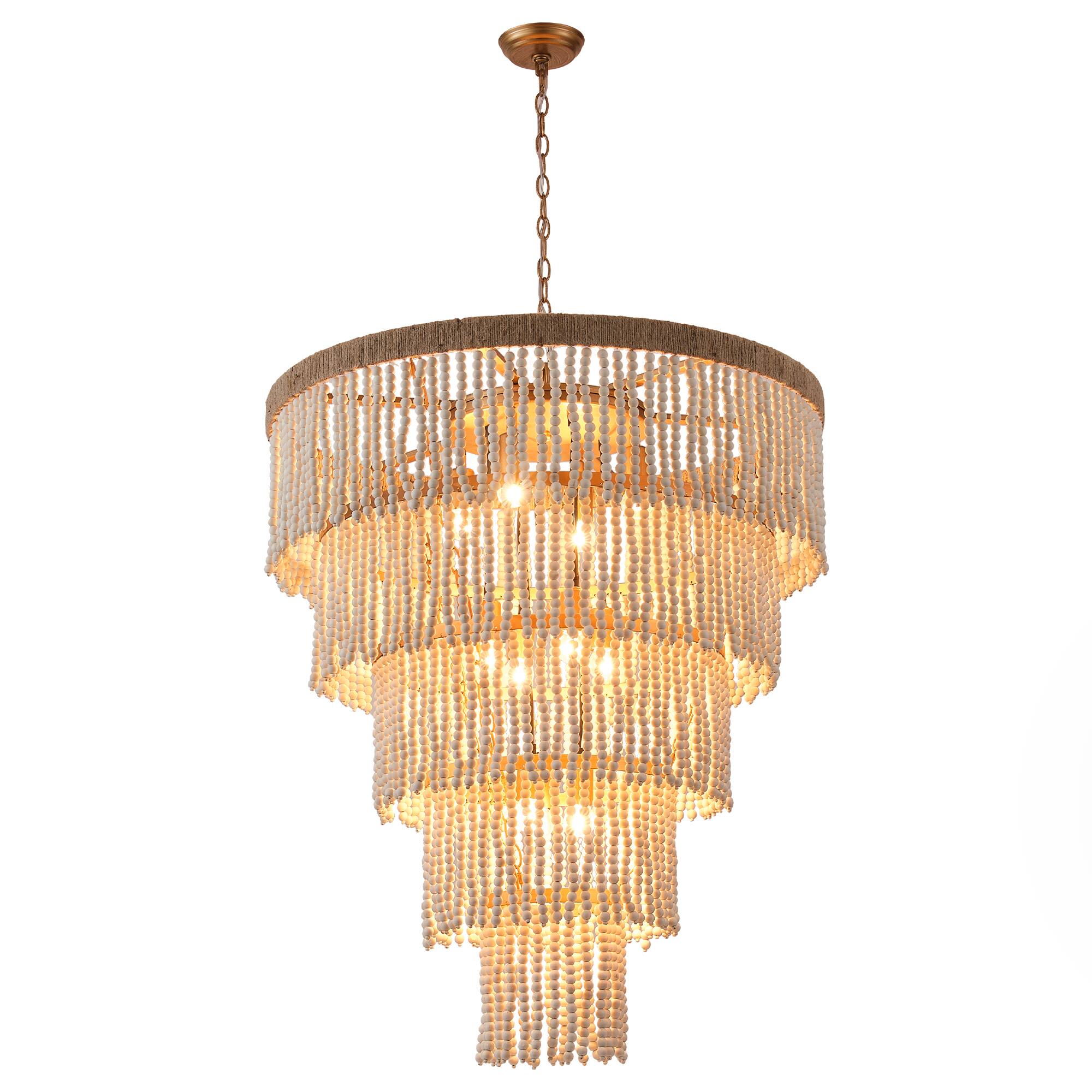 Alt View 7. Parrot Uncle - 31.5" 9-Light Bohemian Off-White 5-Tier Wooden Beads Chandelier - Off-White.