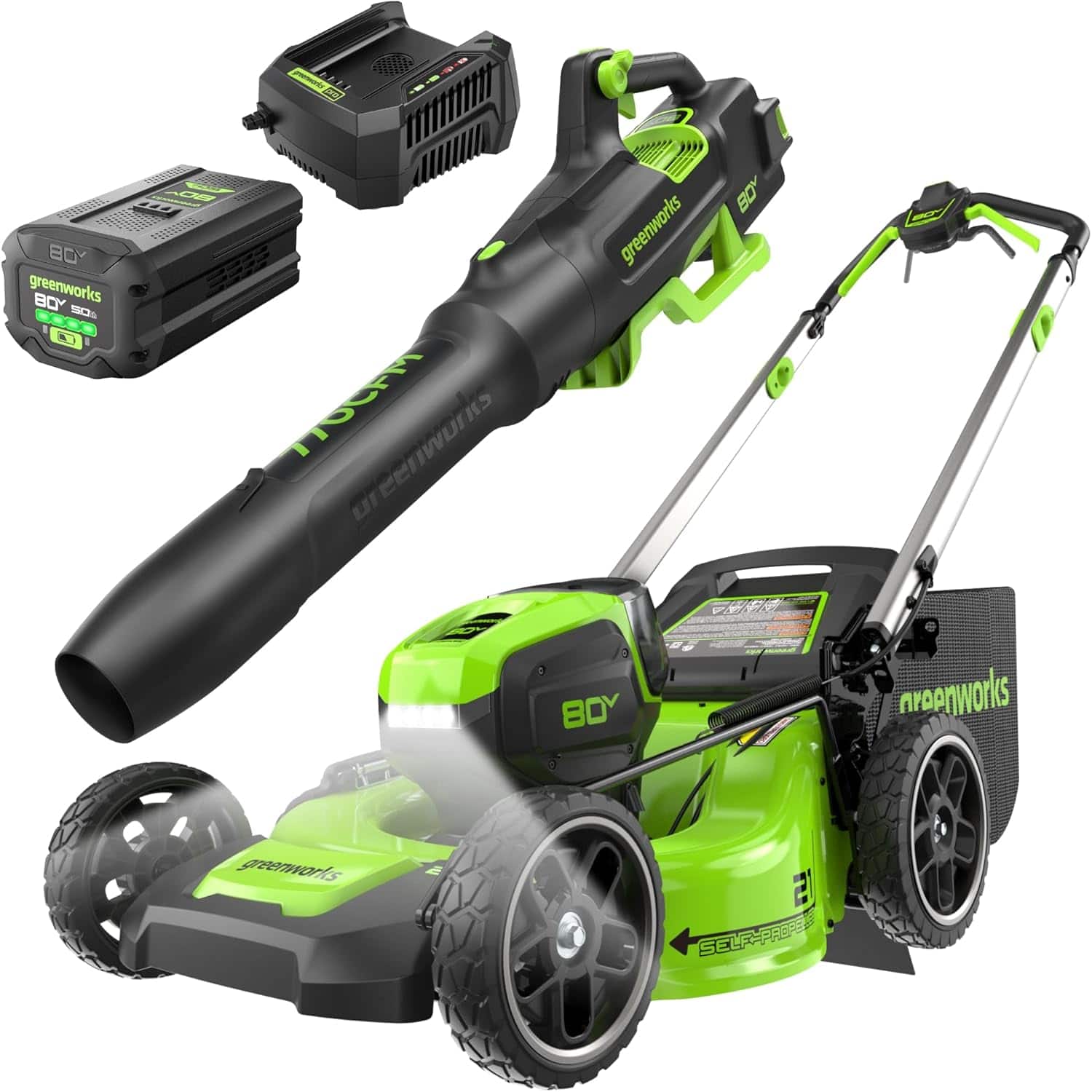 Greenworks - 80V 21" Self-Propelled Lawn Mower + Blower (Gen 2), 5.0Ah Battery and Charger - Green
