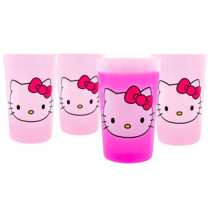 Front. Silver Buffalo - Sanrio Hello Kitty 4-Piece Color-Change Plastic Cup Set | Each Holds 15 Ounces - Pink.
