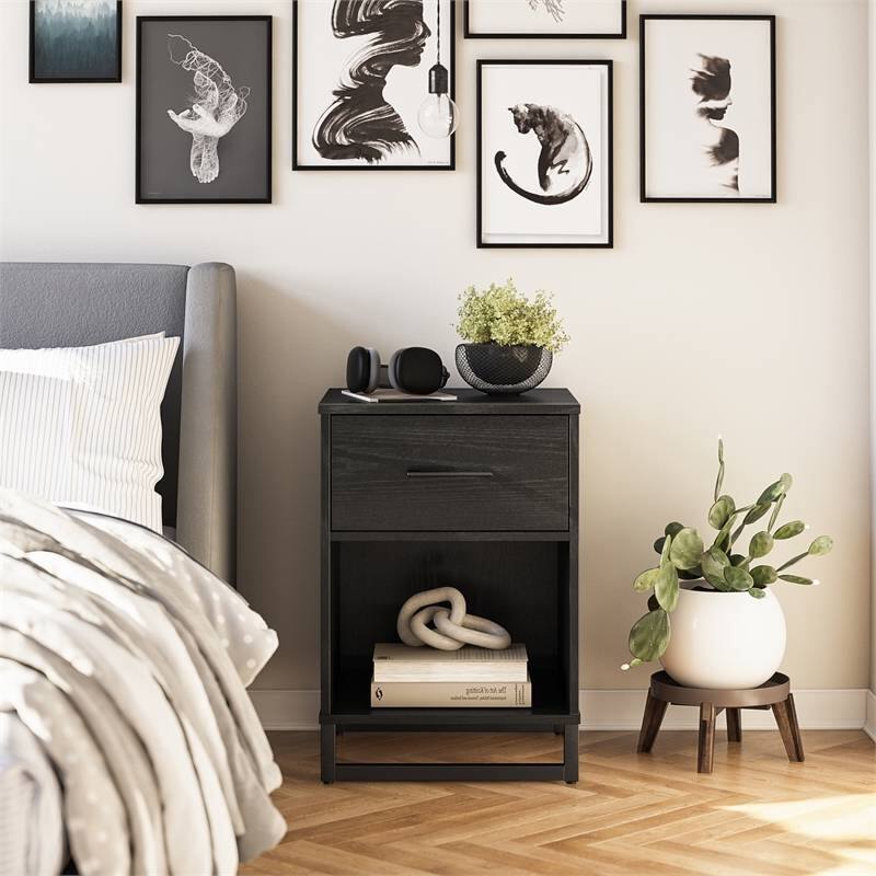 Angle. Hivvago - Hivvago Modern 1-Drawer Bedroom Nightstand Wood Finish with Metal Legs - Black.