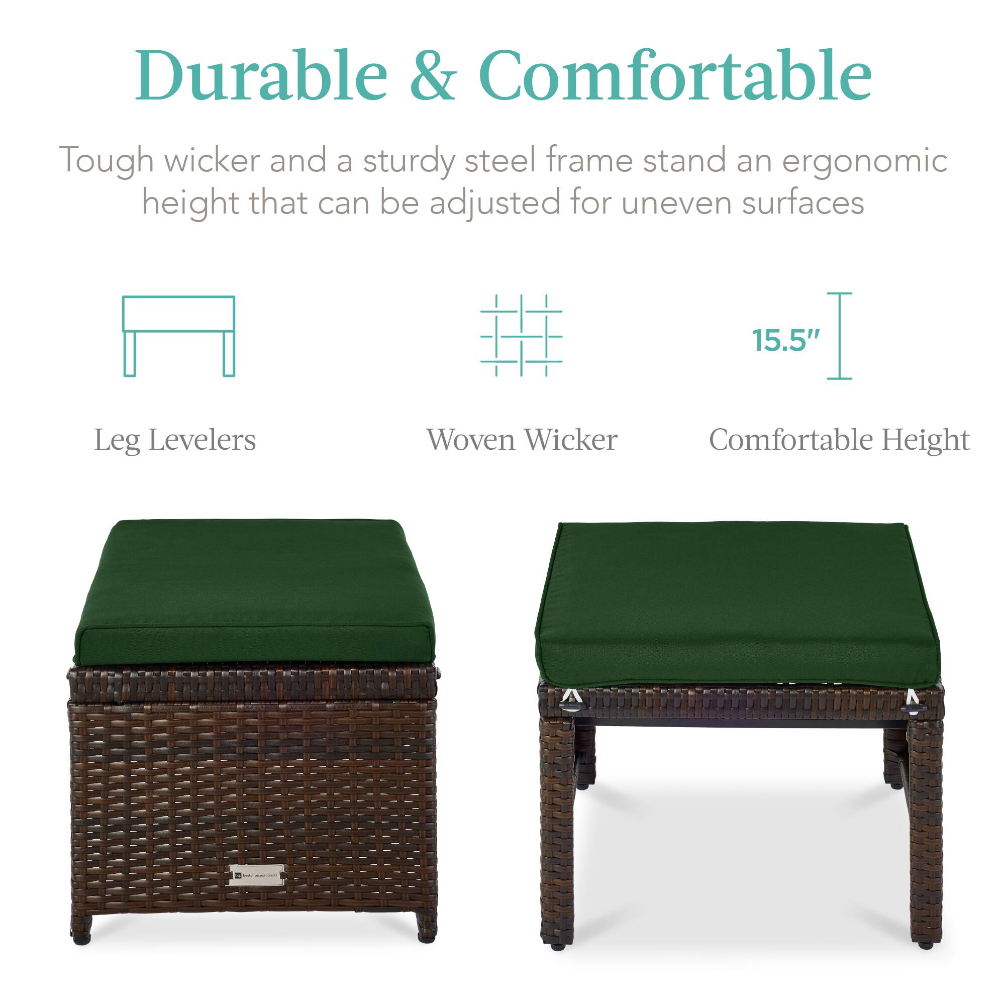 Durable & Comfortable

Tough wicker and a sturdy steel frame stand an ergonomic height that can be adjusted for uneven surfaces

Leg Levelers

Woven Wicker

Comfortable Height

15.5"