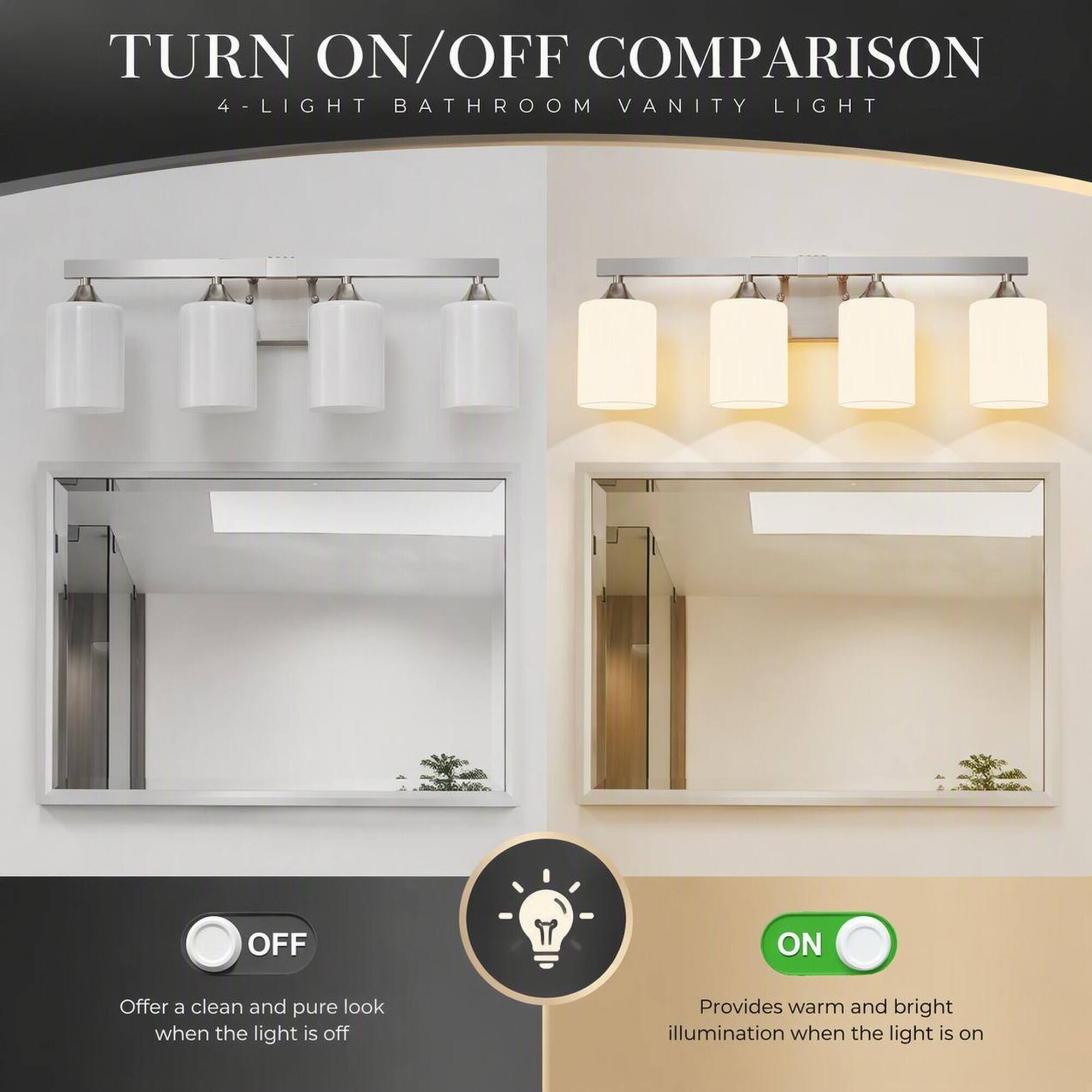 TURN ON/OFF COMPARISON  
4-LIGHT BATHROOM VANITY LIGHT

OFF  
Offer a clean and pure look when the light is off

ON  
Provides warm and bright illumination when the light is on