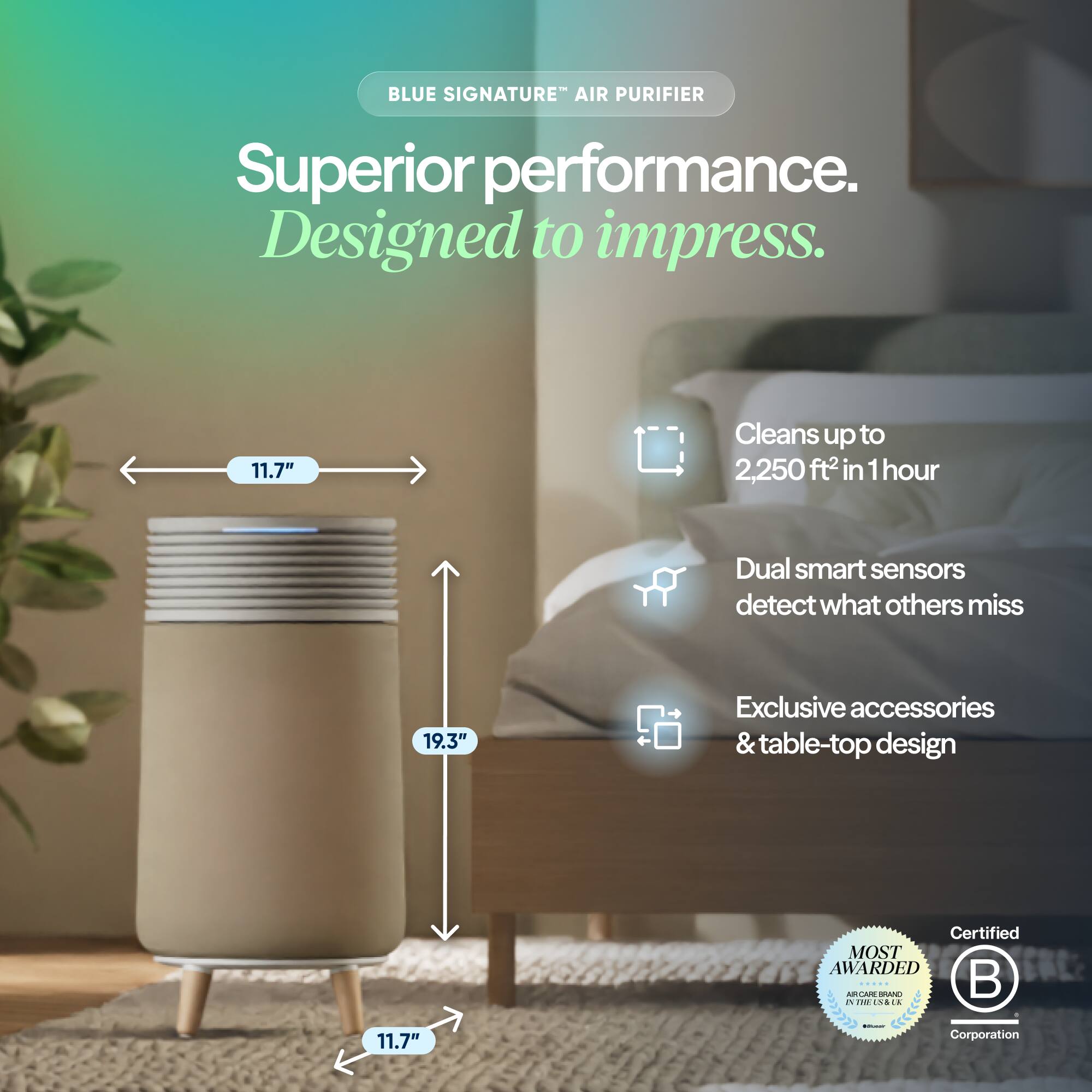 BLUE SIGNATURE "AIR PURIFIER

Superior performance.  
Designed to impress.

11.7"  
Cleans up to 2,250 ft² in 1 hour

Dual smart sensors detect what others miss

19.3"  
Exclusive accessories & table-top design

Certified MOST AWARDED  
ACANSAN Corporation
