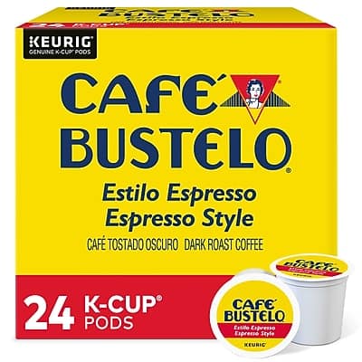 Sure, here is the corrected and grouped text:

---

**KEURIG® GENUINE K-CUP® PODS**

**CAFÉ BUSTELO**

**Estilo Espresso**  
**Espresso Style**

**CAFÉ TOSTADO OSCURO**  
**DARK ROAST COFFEE**

**24 K-CUP® PODS**

---

**CAFÉ BUSTELO**  
**Estilo Espresso**  
**Espresso Style**  
**KEURIG®**