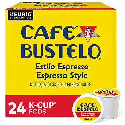 Sure, here is the corrected and grouped text:
---
**KEURIG® GENUINE K-CUP® PODS**
**CAFÉ BUSTELO**
**Estilo Espresso**
**Espresso Style**
**CAFÉ TOSTADO OSCURO**
**DARK ROAST COFFEE**
**24 K-CUP® PODS**
---
**CAFÉ BUSTELO**
**Estilo Espresso**
**Espresso Style**
**KEURIG®**